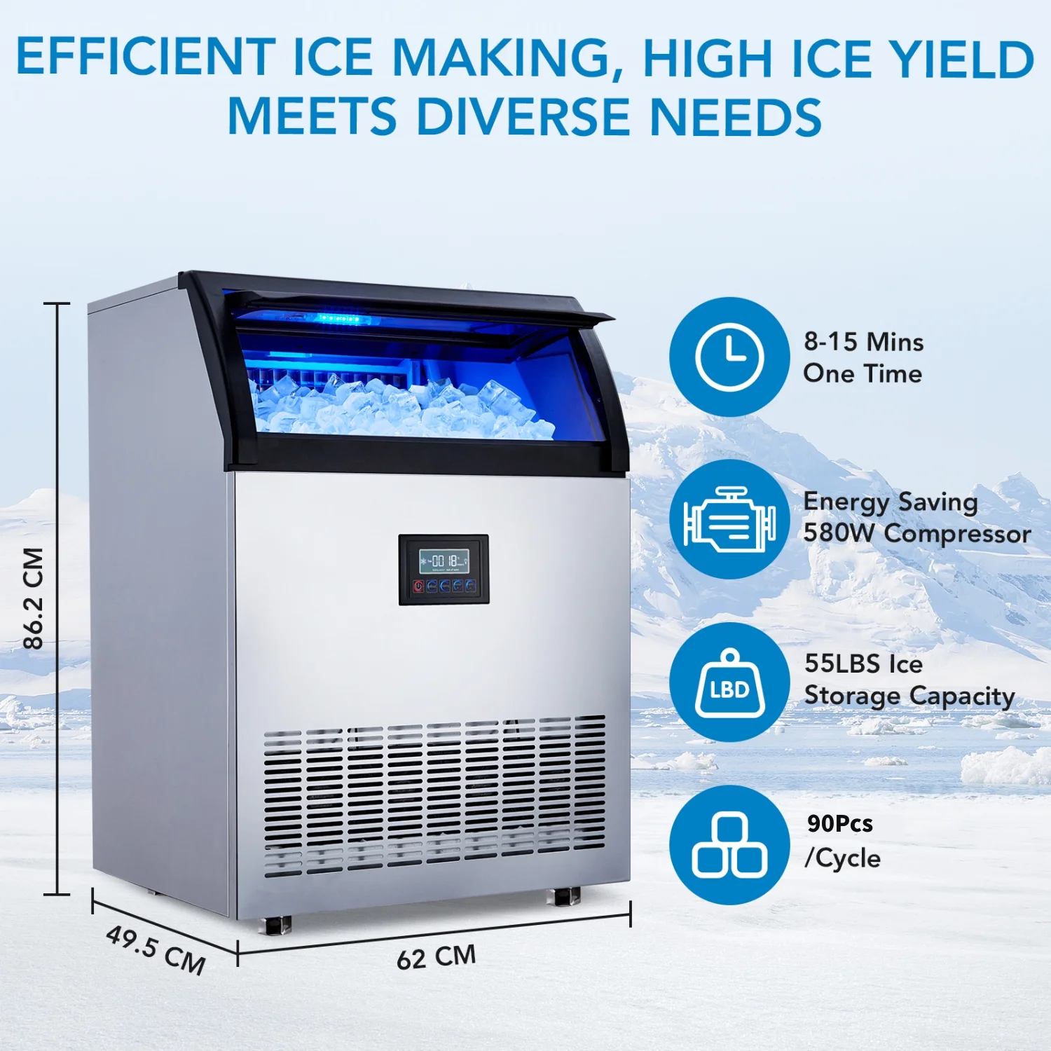 Garvee Commercial Ice Maker Machine 200lbs/24H, Stainless Steel Under Counter Ice Maker with 55lbs Storage, Single Water Inlet, Efficient Ice Production, Silver