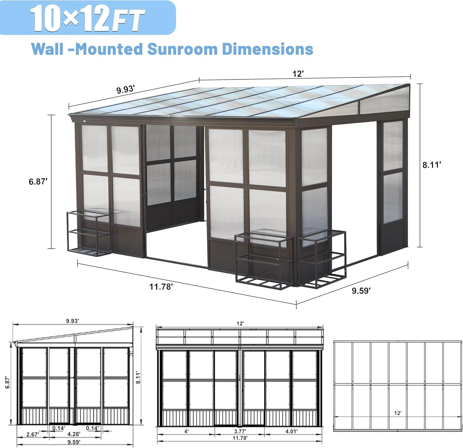 TOTAL Outdoor 10'x12' All-Season Sunroom Gazebo with Steel Roof, PVC Screen, Front & Side Door, Brown - Image 72