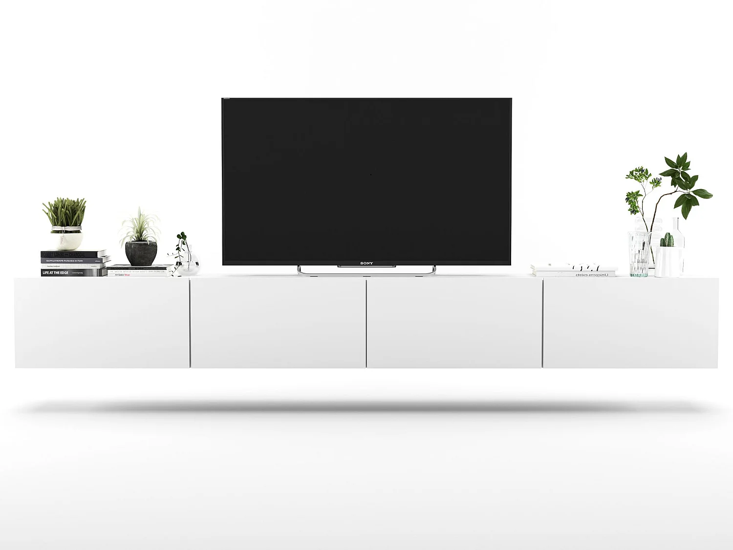 Meuble TV suspendu avec 4 portes - corps Blanc mat, façades Blanc mat - 240 cm