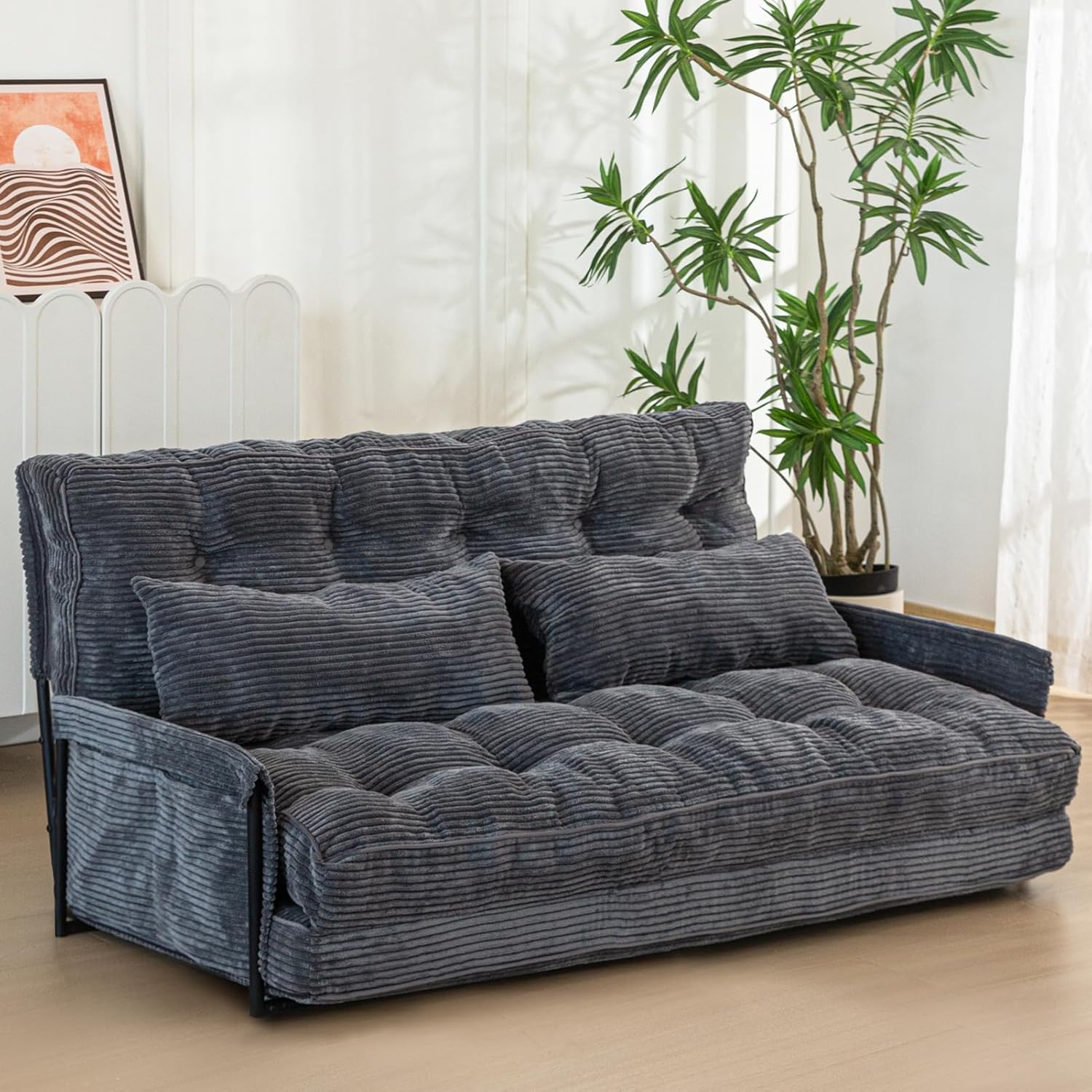 MAXYOYO Adjustable Floor Sofa Couch with 2 Pillows, Multi-Functional Bean Bag Bed, 5-Position Foldable Lazy Sofa Sleeper Bed with Armrest, Versatile Floor Seating for Reading, Dark Grey, Double