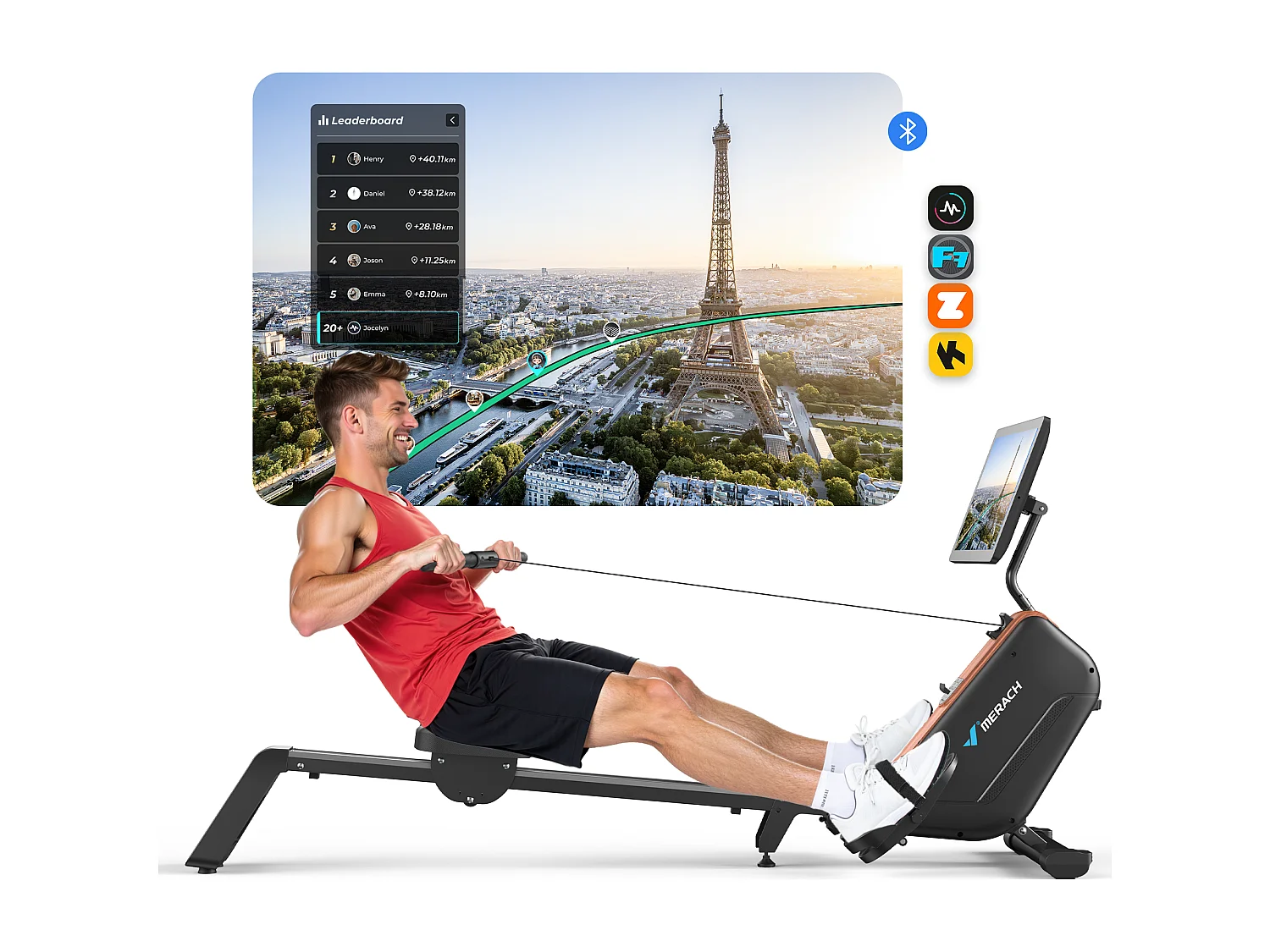 Rameur d'appartement Pliable Électromagnétique MERACH,16 Niveaux, Écran HD 21,5