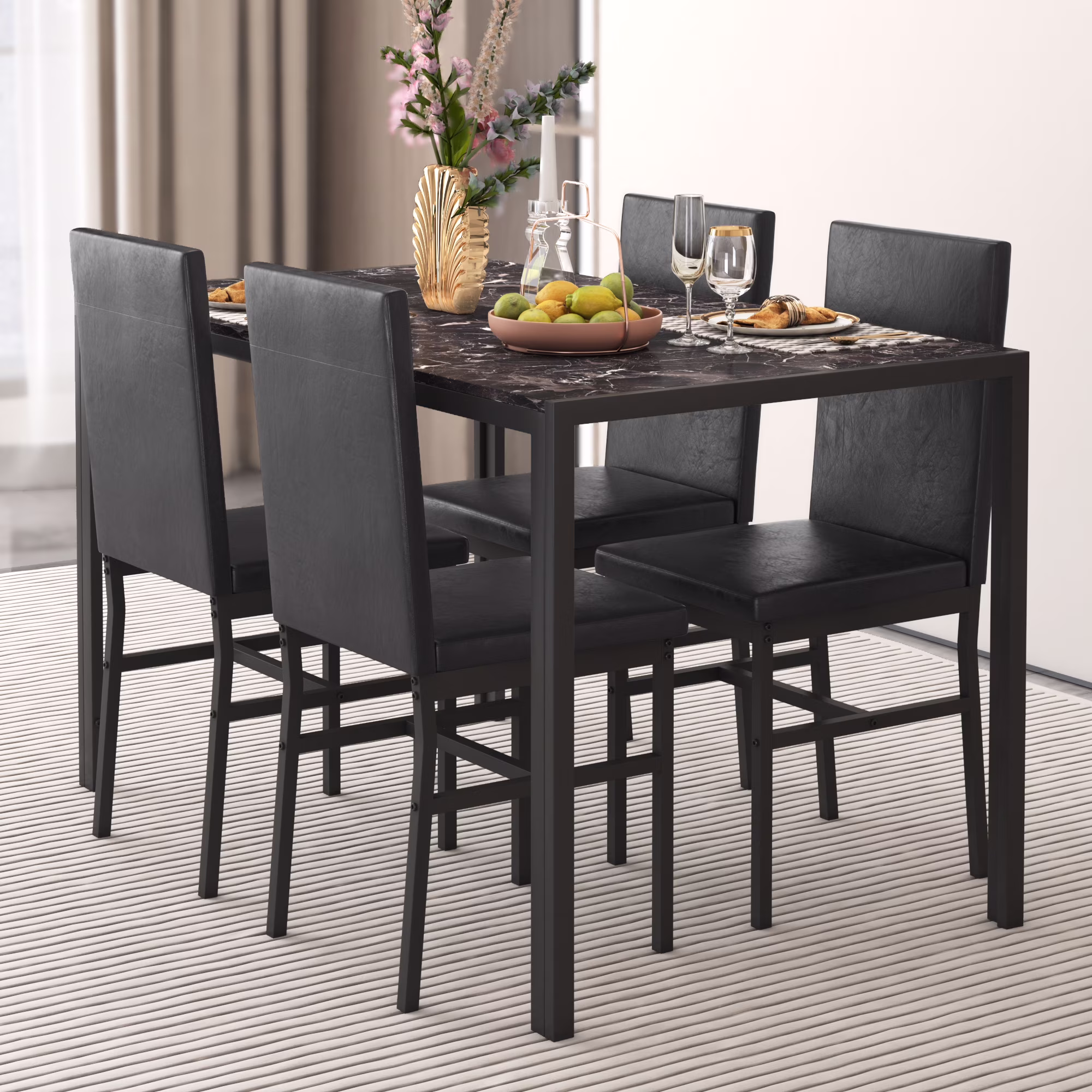 5 Piece Dining Set, Modern Dining Table and Chairs Set for 4, Counter Height Bar Table Set, Modern Pub Table with 4 Velvet Fabric Cushioned Stools, Faux Marble Dining Table & Stools Set, D9297 - Image 9