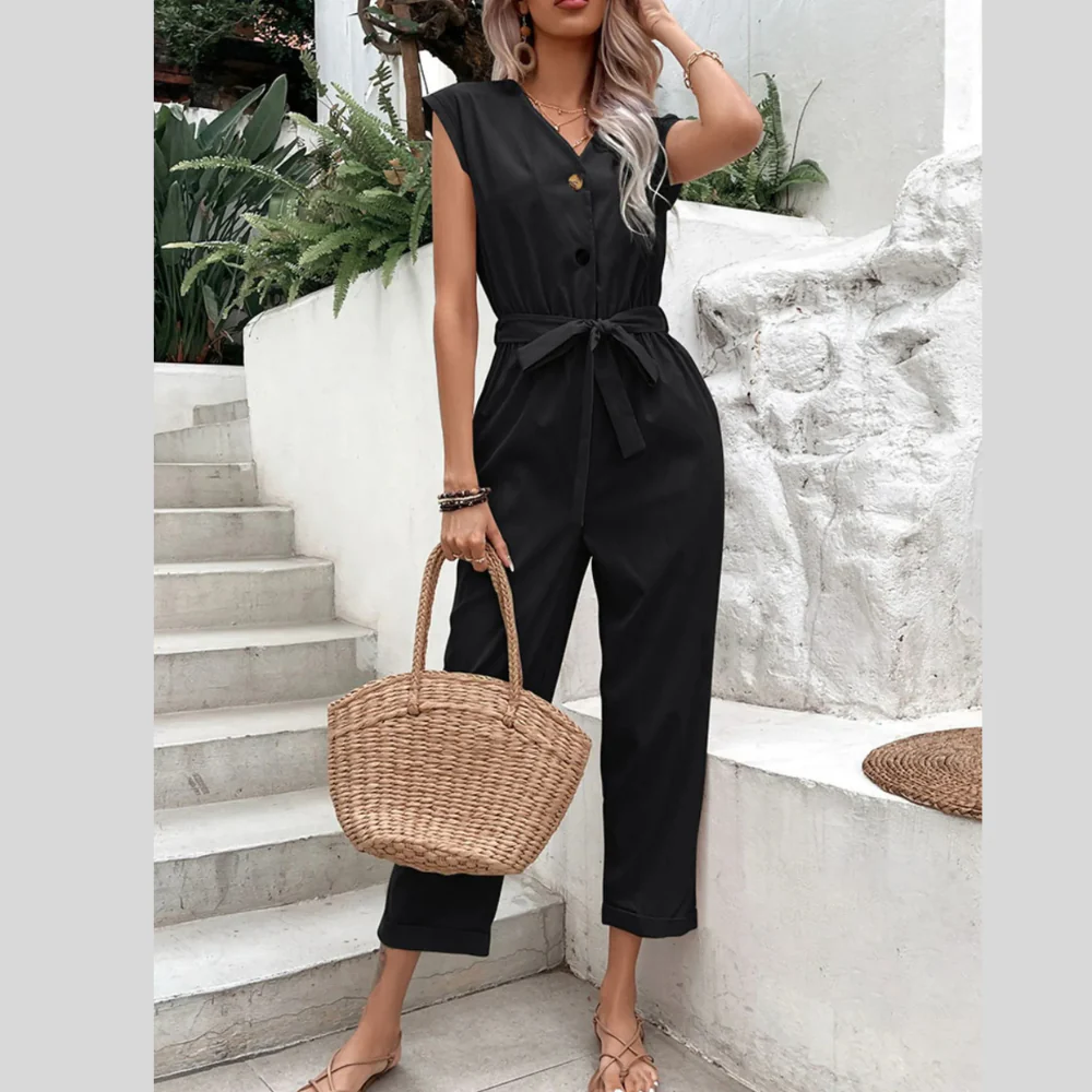 Button-Front Tie Waist Jumpsuit - ZKZOOK