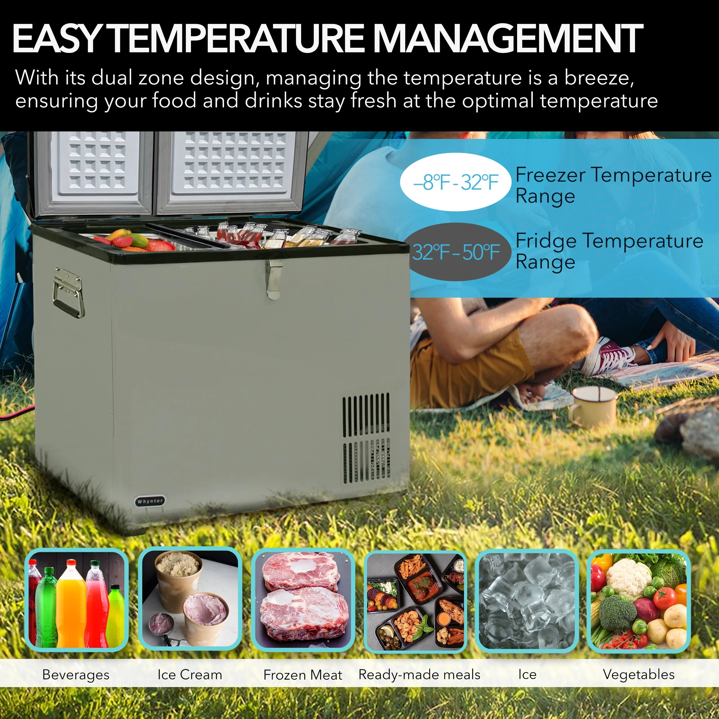 Whynter 90 Quart Dual Zone Portable Fridge/Freezer with 12v Option and Wheels - Image 8