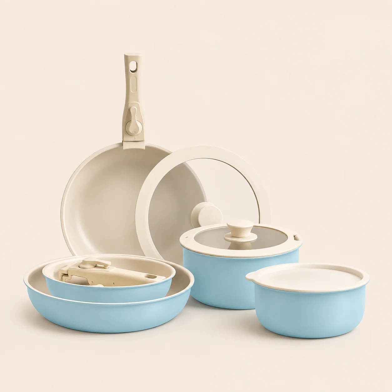Blue Aluminum Cookware Set with Removable Handles and Lids