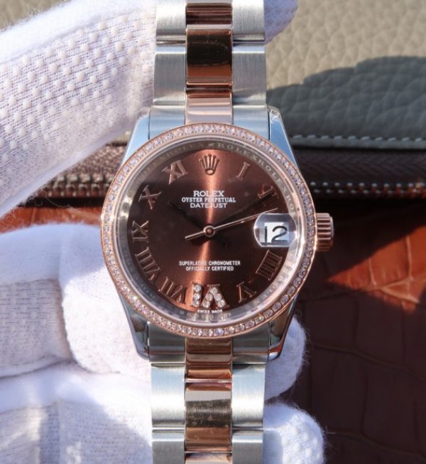 Replica Rolex DateJust 31mm 178383 Diamonds Bezel Roman Markers Brown Dial A2235 - Elite Watch Atelier