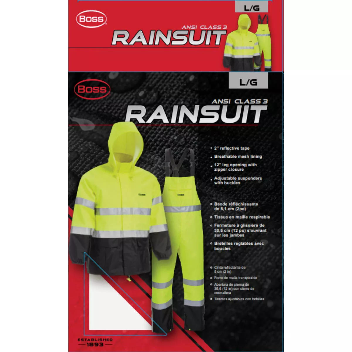 Boss Large 2-Piece ANSI Class 3 Hi-Visibility Rain Suit