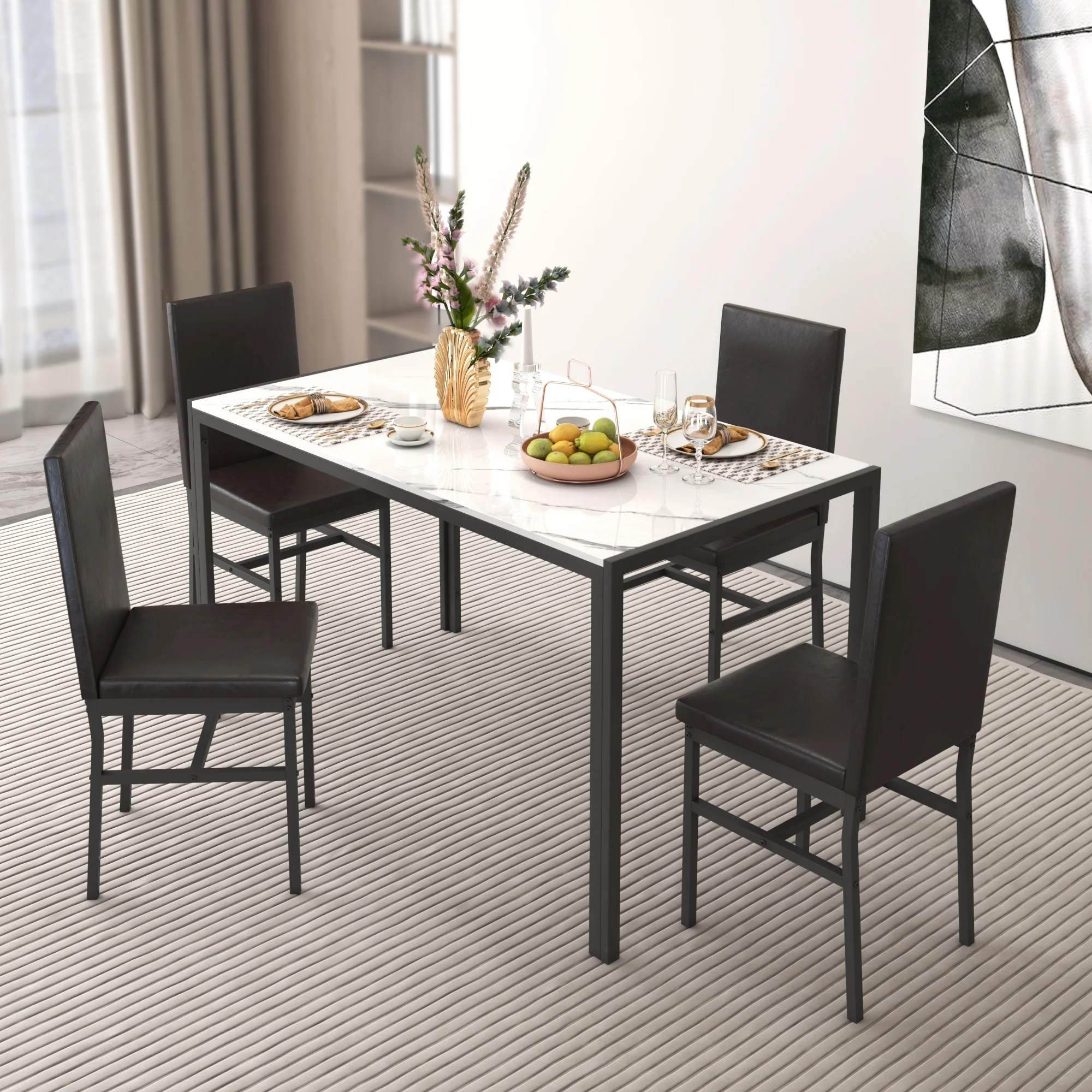 5 Piece Dining Set, Modern Dining Table and Chairs Set for 4, Counter Height Bar Table Set, Modern Pub Table with 4 Velvet Fabric Cushioned Stools, Faux Marble Dining Table & Stools Set, D9297 - Image 19