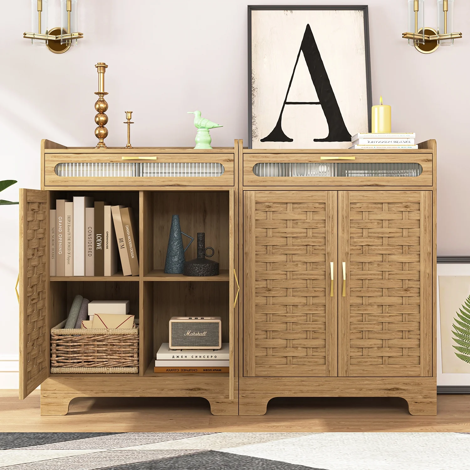 Spaco Coffee Bar Cabinet, Modern Farmhouse Buffet Sideboard with Drawer and Adjustable Shelf, Barn Door Storage Cabinet for Kitchen, Dining Room, Bathroom, Entryway