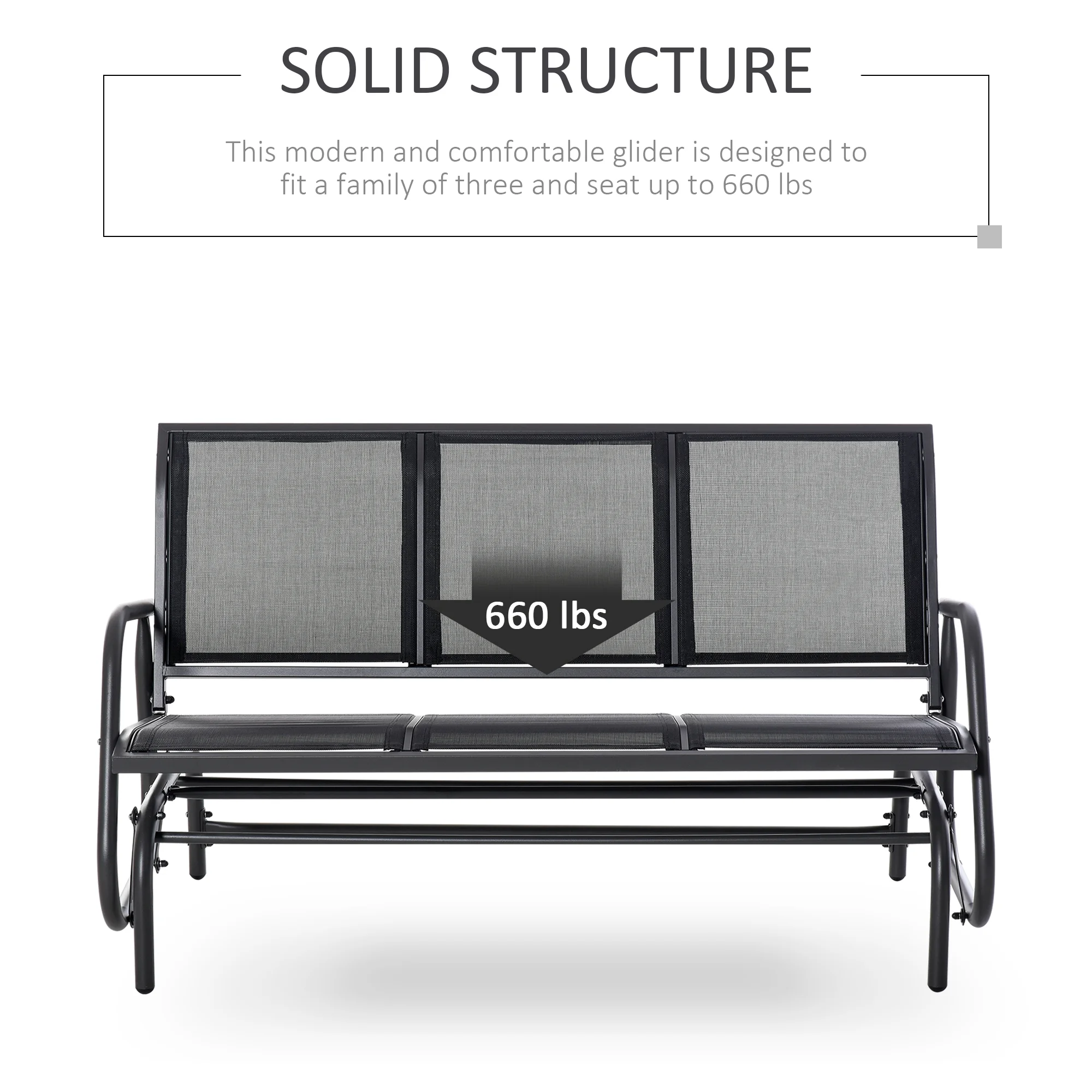 Outsunny Patio Glider Bench, Outdoor Porch Glider Swing with 3 Seats, Breathable Mesh Fabric, Metal Frame, Black - Image 5