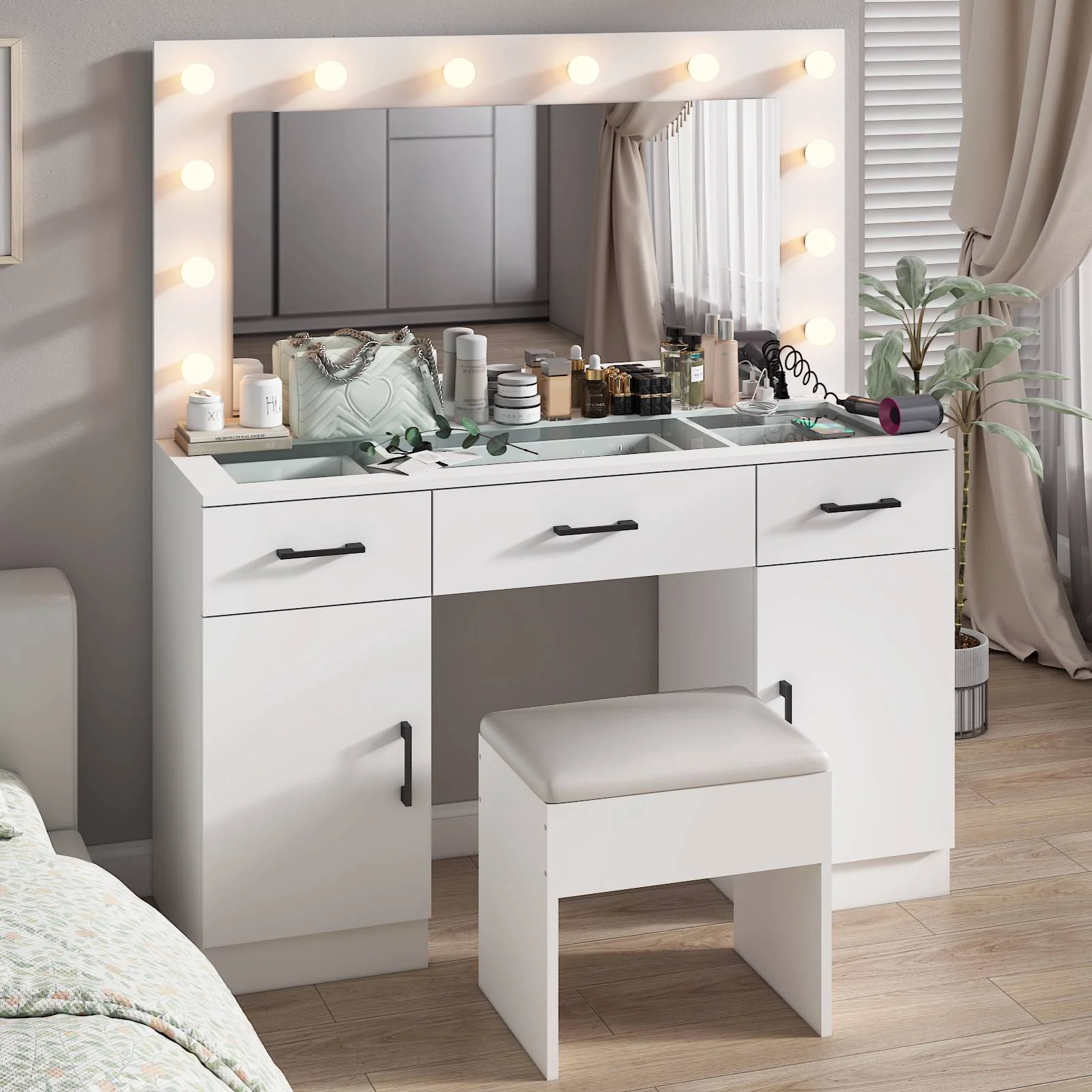 Ktaxon Large Makeup Vanity, Vanity Table Set w/ Visible Glass Top w/ Charging Station, White - Image 86