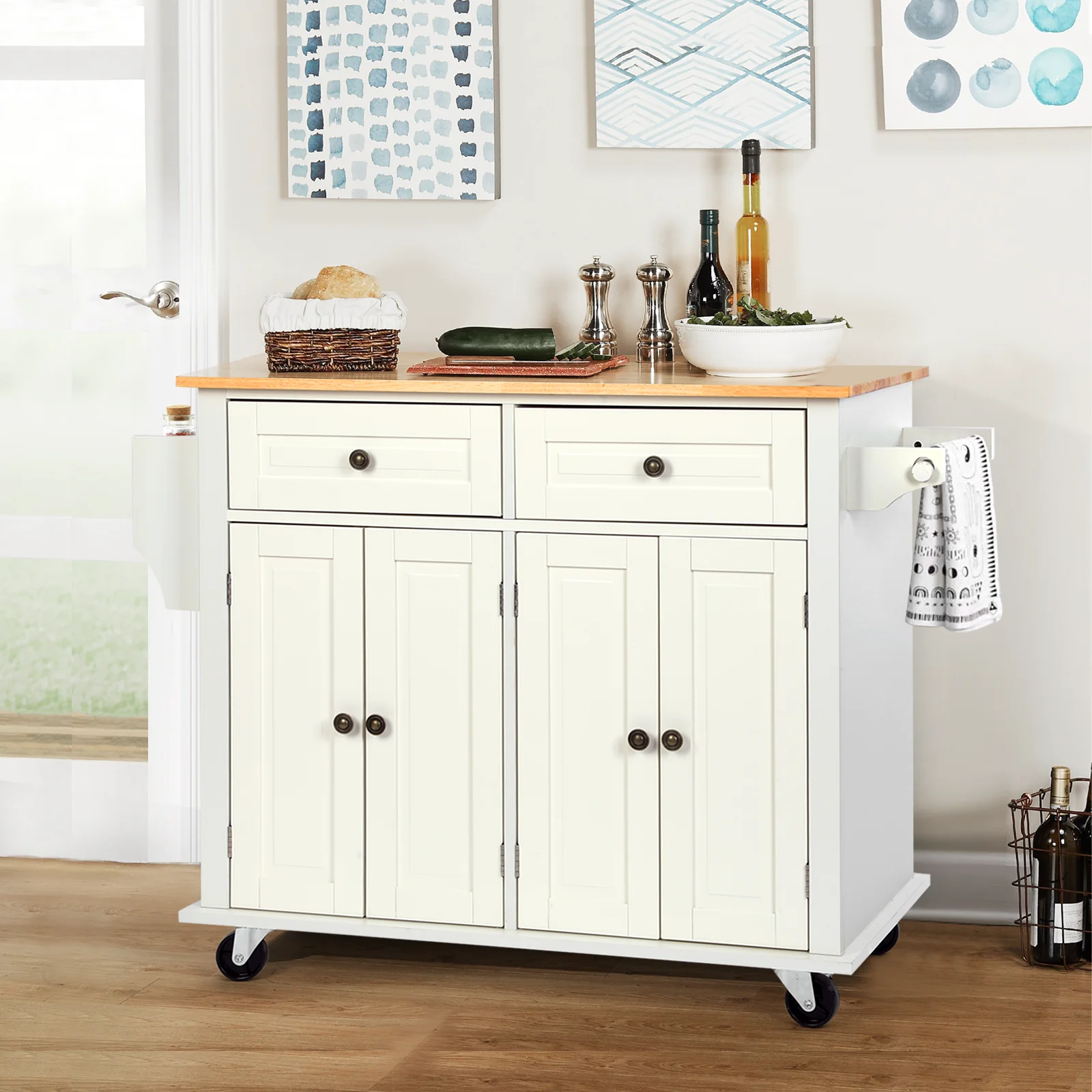 RichYa Kitchen Islands with Storage, Rolling Kitchen Cart with Lockable Wheels, Rubber Wood Kitchen Island Microwave Table for Kitchen, Living Room, White