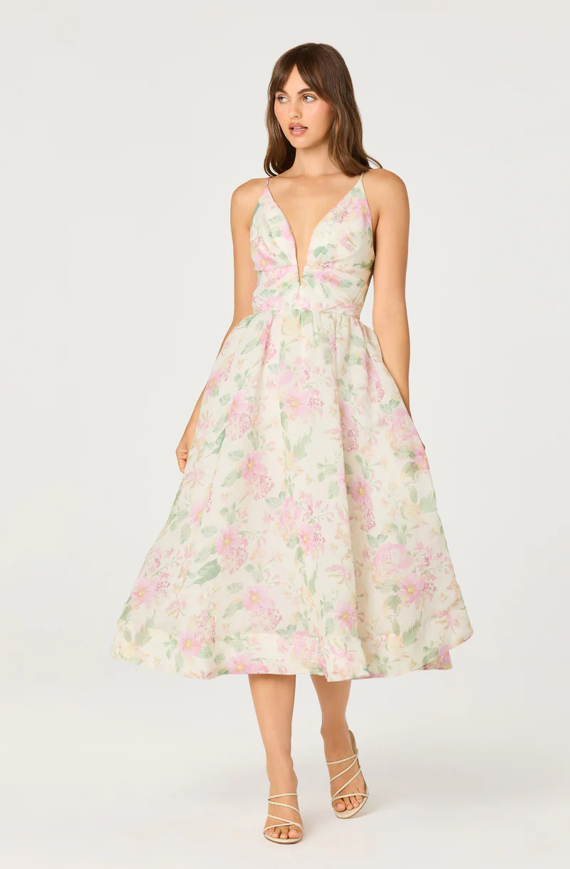 Janna Floral Plunge Midi Dress - Pink ivory floral