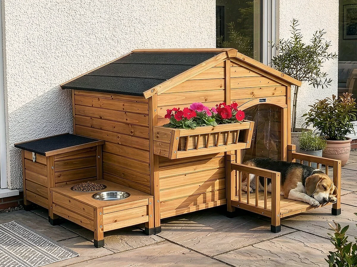 Niche pour chien en bois avec mangeoire et boite de rangement 