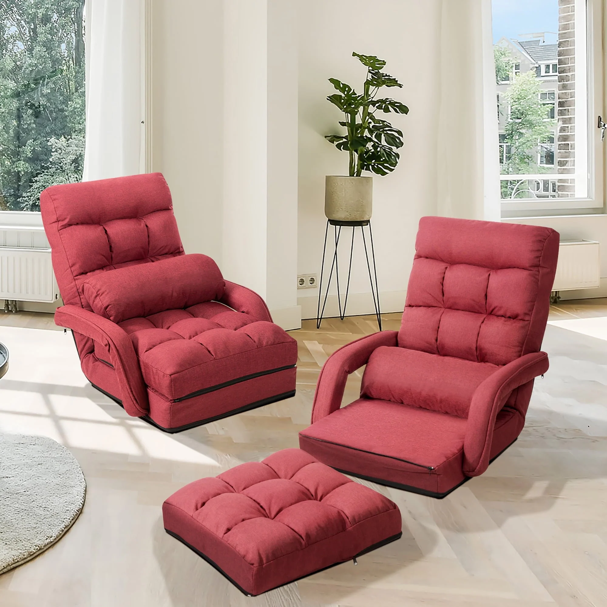 Costway Folding Floor Armchair w/ 6-position Adjustable Back & Lumbar Pillow Red - Image 3