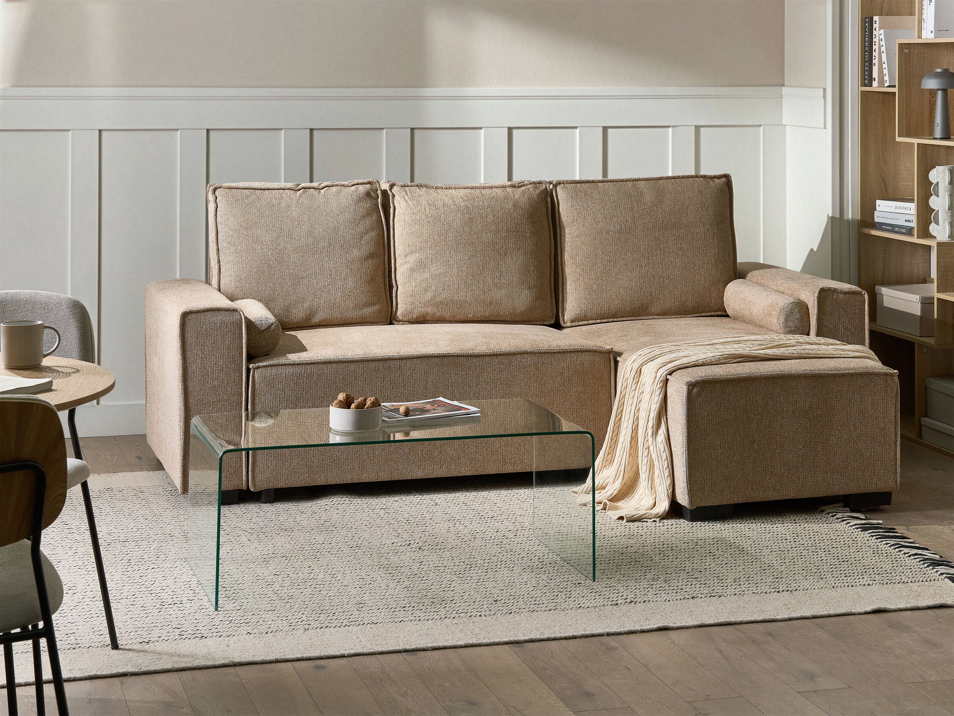 Corner Sofa Bed 3 Seater EDANE Fabric Beige with Storage Left Hand