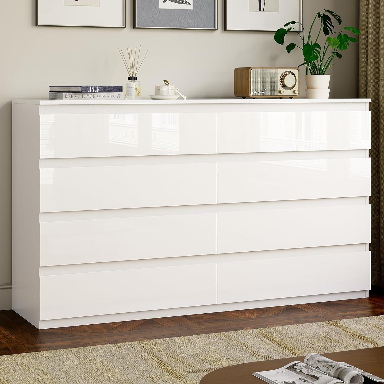 White Wood Dresser for Bedroom, 8 Drawer Dressers for Clothes Storage, Modern Dresser with Wide Drawers, Wide Wooden Chest Drawers for Living Room, Entryway, TV Stand(55