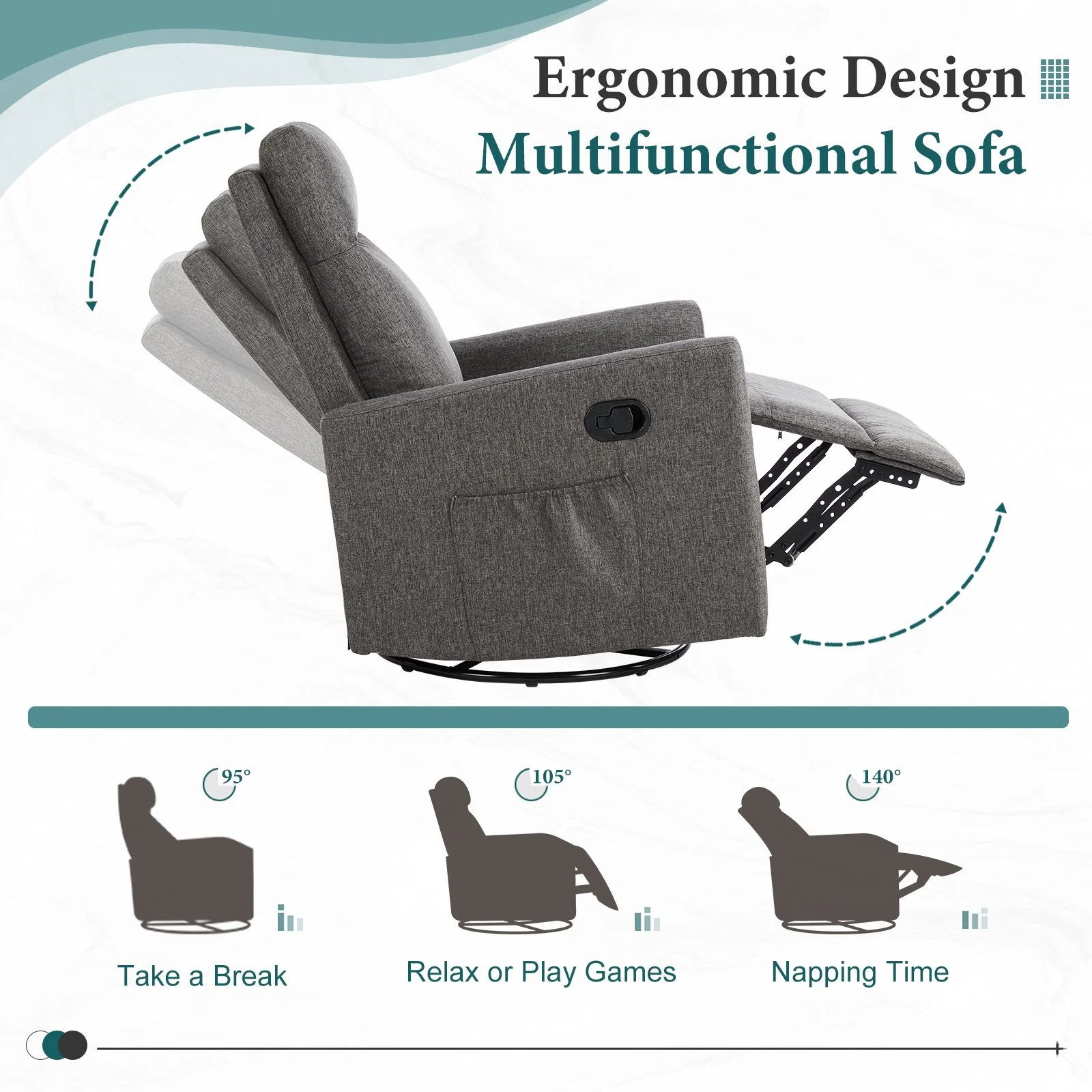 Recliner Message Chair with Footrest, Swivel Rocking Glider, High Back Upholstered Deep Seat for Living Room, Grey - Image 14
