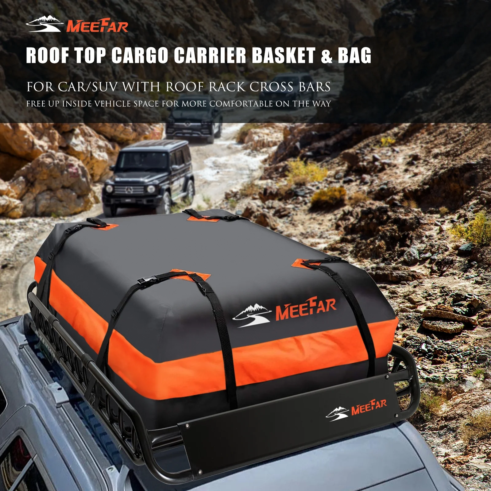 MeeFar Universal Rooftop Roof Rack Steel Cargo Carrier Basket Size 51" X 36" X 5" + Soft Shell Waterproof Cargo Bag 15 Cu.ft (44" 34" 17") Combo - Image 9