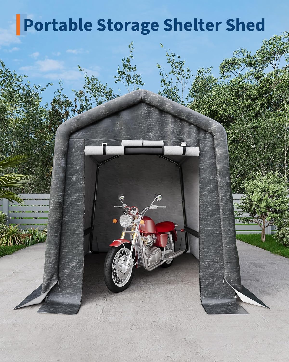 6x8FT Carport, Heavy Duty Motorcycle Shed with Waterproof PE Tarp, Portable Outdoor Storage Shed for Bikes and Firewood, All-Weather Car Shelter with Roll-Up Zipper Door, 6x8FT, Khaki