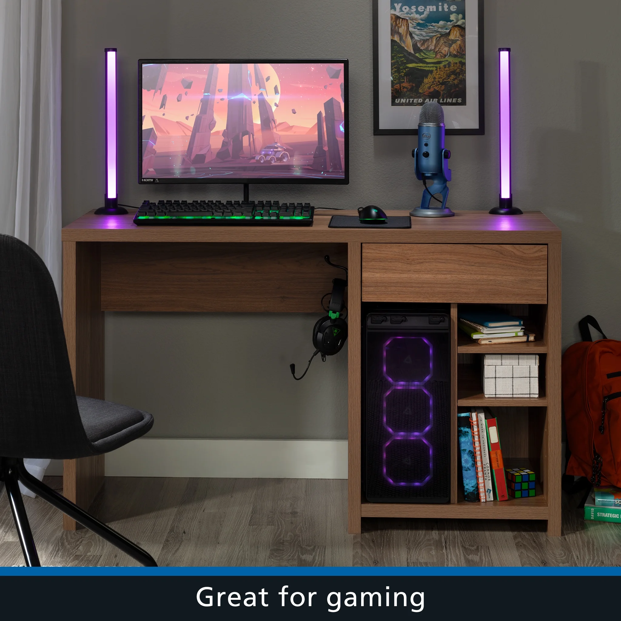 Mainstays Westley Adjustable Shelf Desk with Gaming Headphone Hook and Cable Management, Warm Walnut Finish