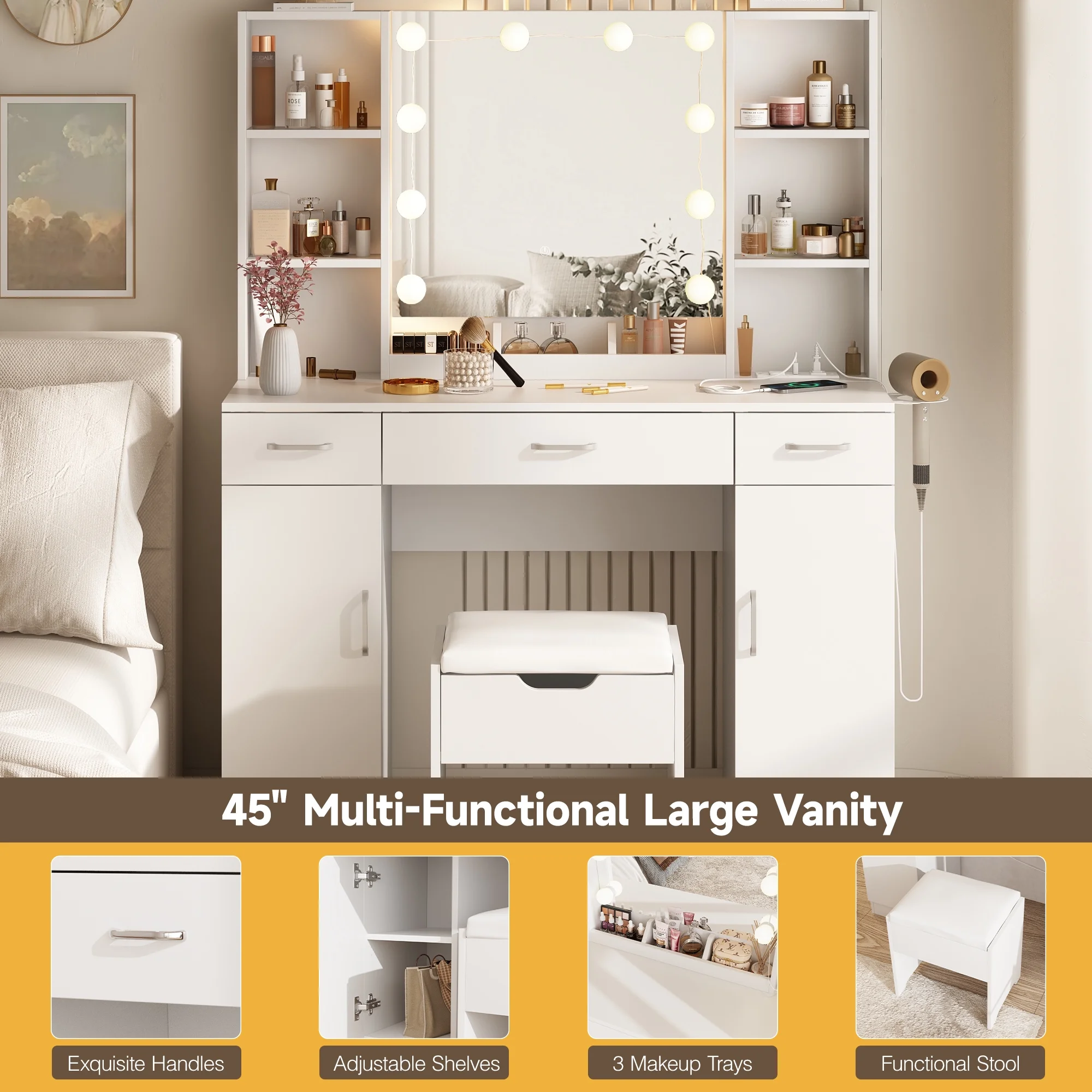 VEANERWOOD Large Makeup Vanity Set with Light Modern Makeup Vanity Table with Storage and Adjustable Lighting Colors for Bedroom 45.2in, White - Image 17