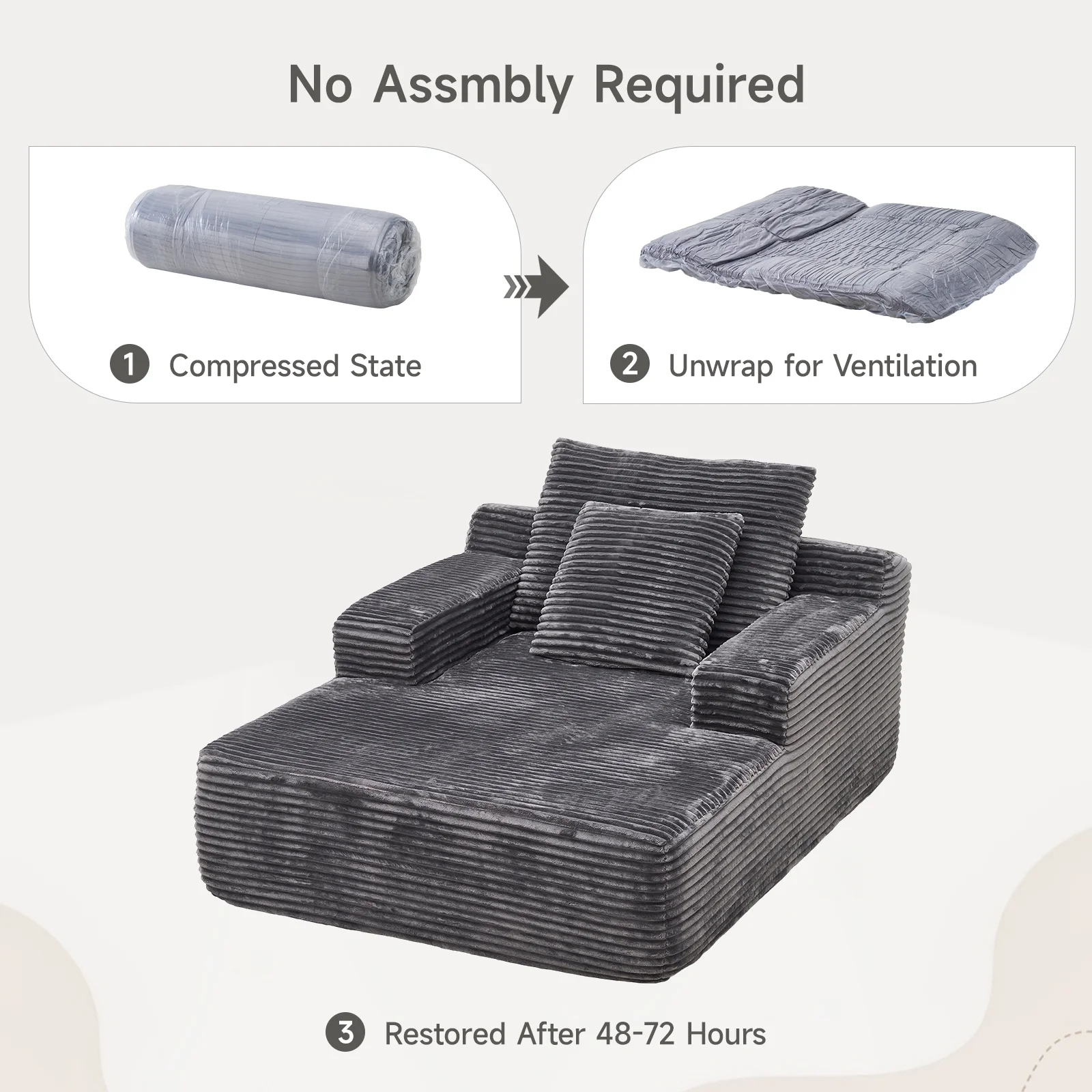 65" Corduroy Cloud Sleeper Chaise Lounge Chair, No Assembly Sofa Bed with Pillows, Beige - Image 12