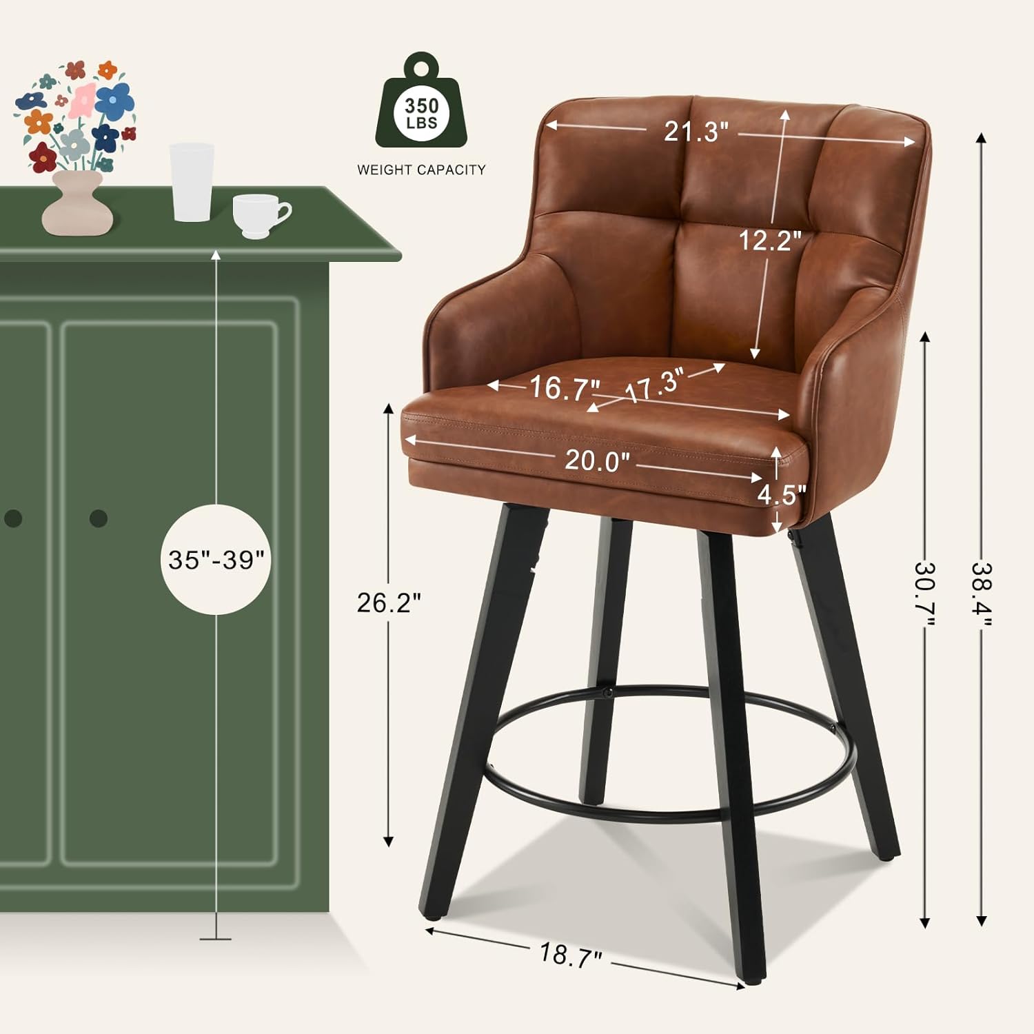 360°Swivel Counter Height Bar Stools with Back, 26 inch Solid Wood Legs, Bar Stool Modern Kitchen Island Chairs, Faux Leather (Brown- Faux Leather, 26