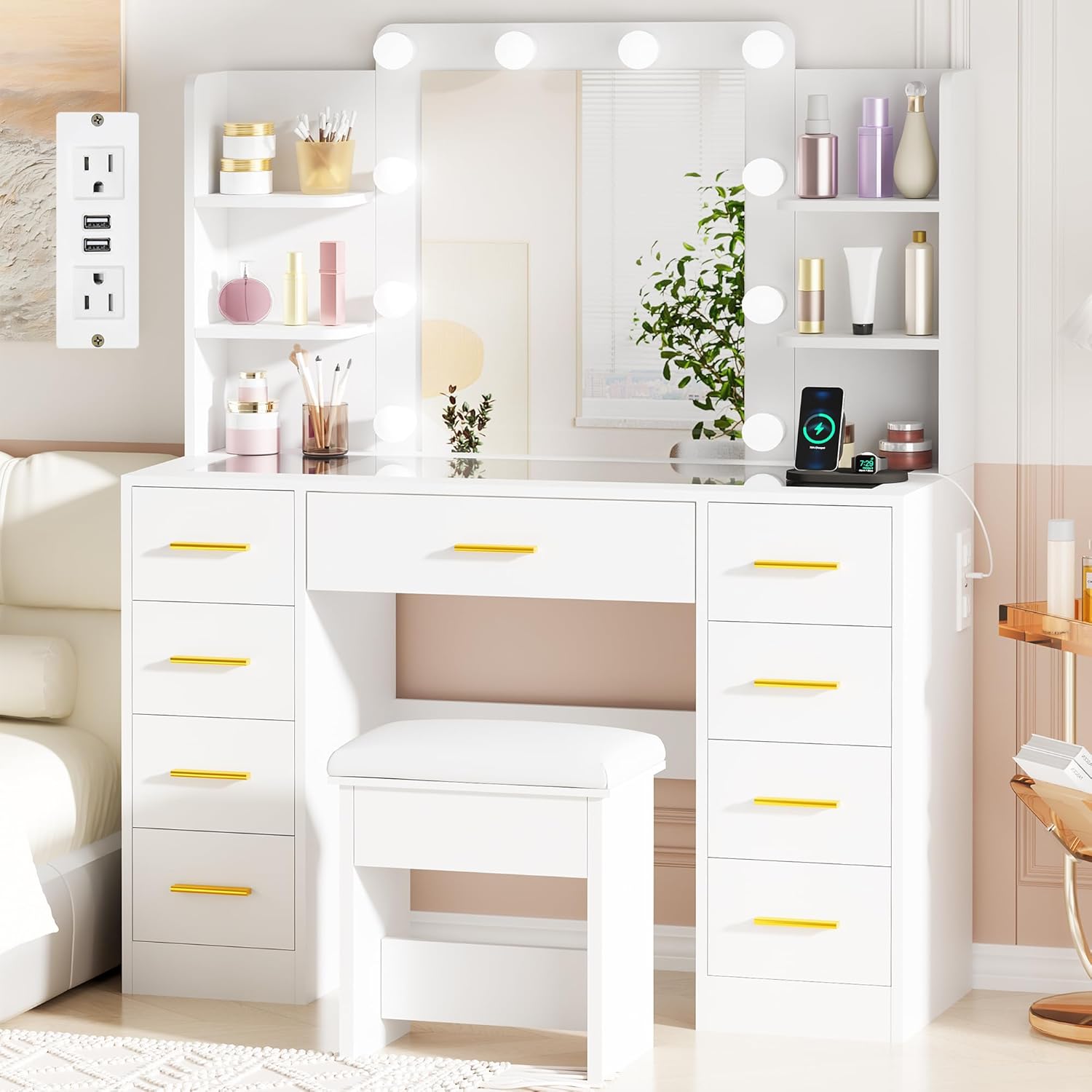 BEWISHOME Makeup Vanity Desk with Mirror and Lights White Vanity Table with Glass Top Power Outlet Stool,Makeup Desk with 9 Drawers and 4 Storage Shelves,Dressing Table for Bedroom Women FST39W