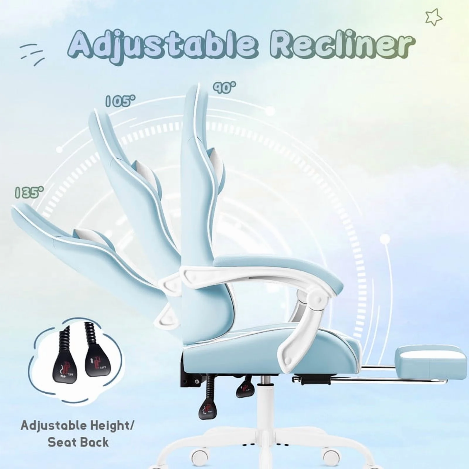 Lacoo PU Leather Gaming Chair Massage Ergonomic Gamer Chair Height Adjustable Computer Chair with Footrest & Lumbar Support, White - Image 17