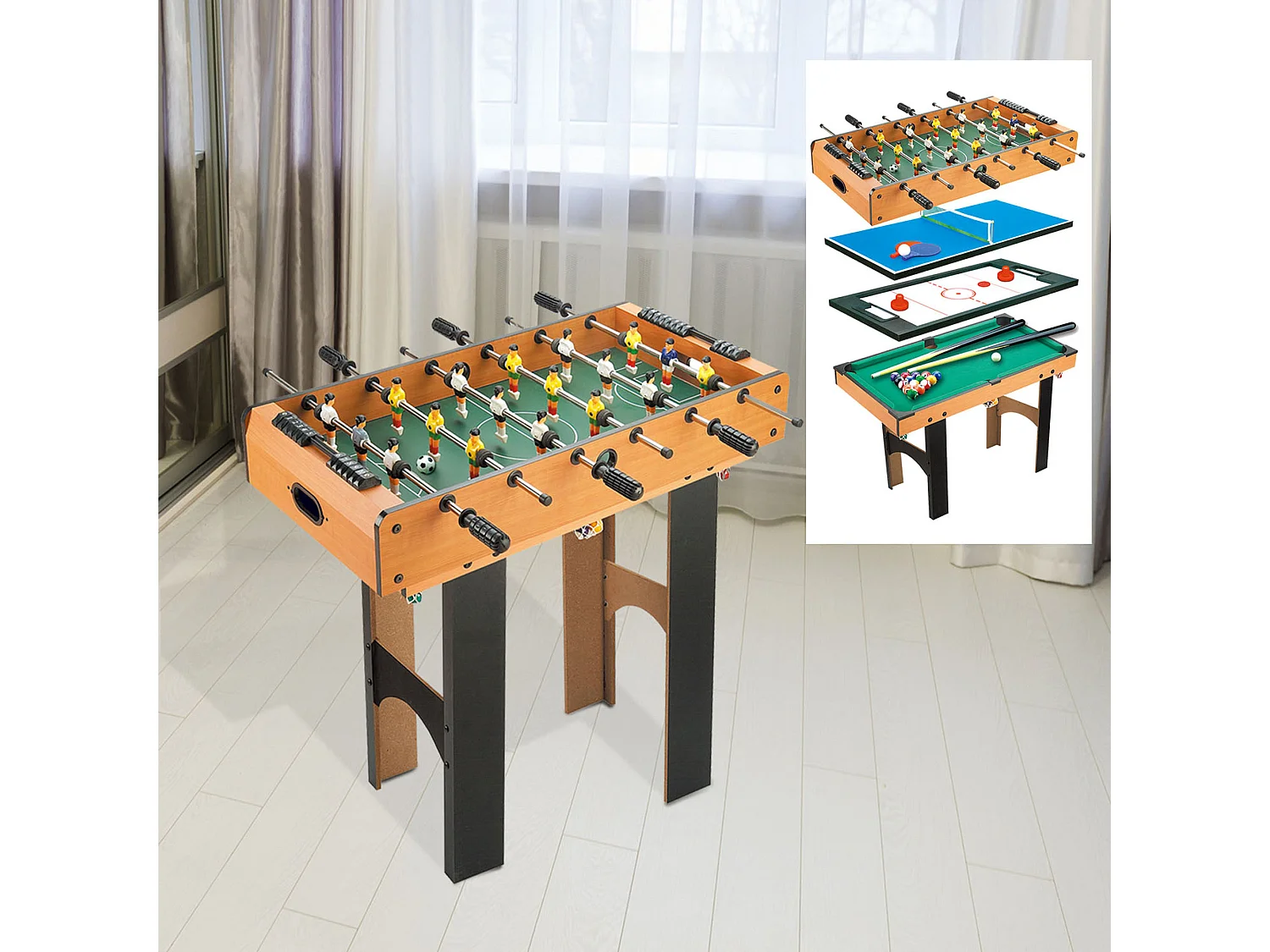 Table multi jeux 4 en 1 babyfoot billard air hockey ping-pong avec accessoires MDF aspect bois