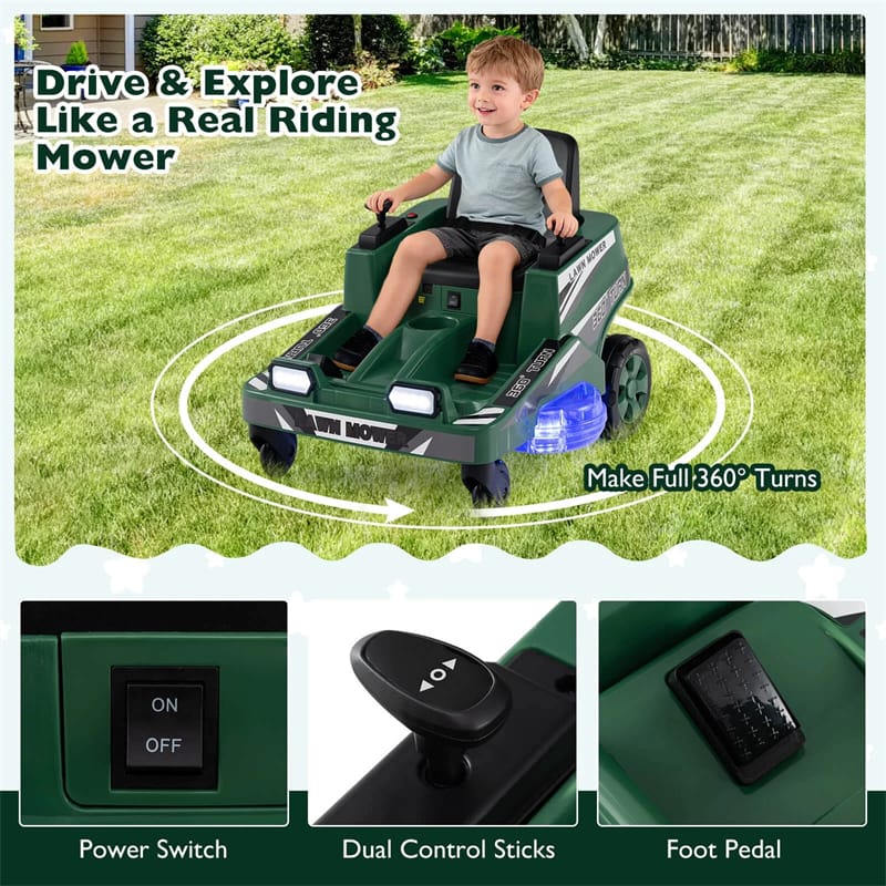 Eletriclife 12V Kids Ride-On Lawn Mower with 360�� Twist & Turn, Dual Control Sticks, LED Lights for Toddlers Aged 3-8