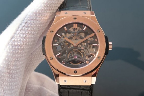 Replica Hublot Classic Fusion Tourbillon RG 45mm TF Skeleton Dial Black Gummy Strap A23J - Top club