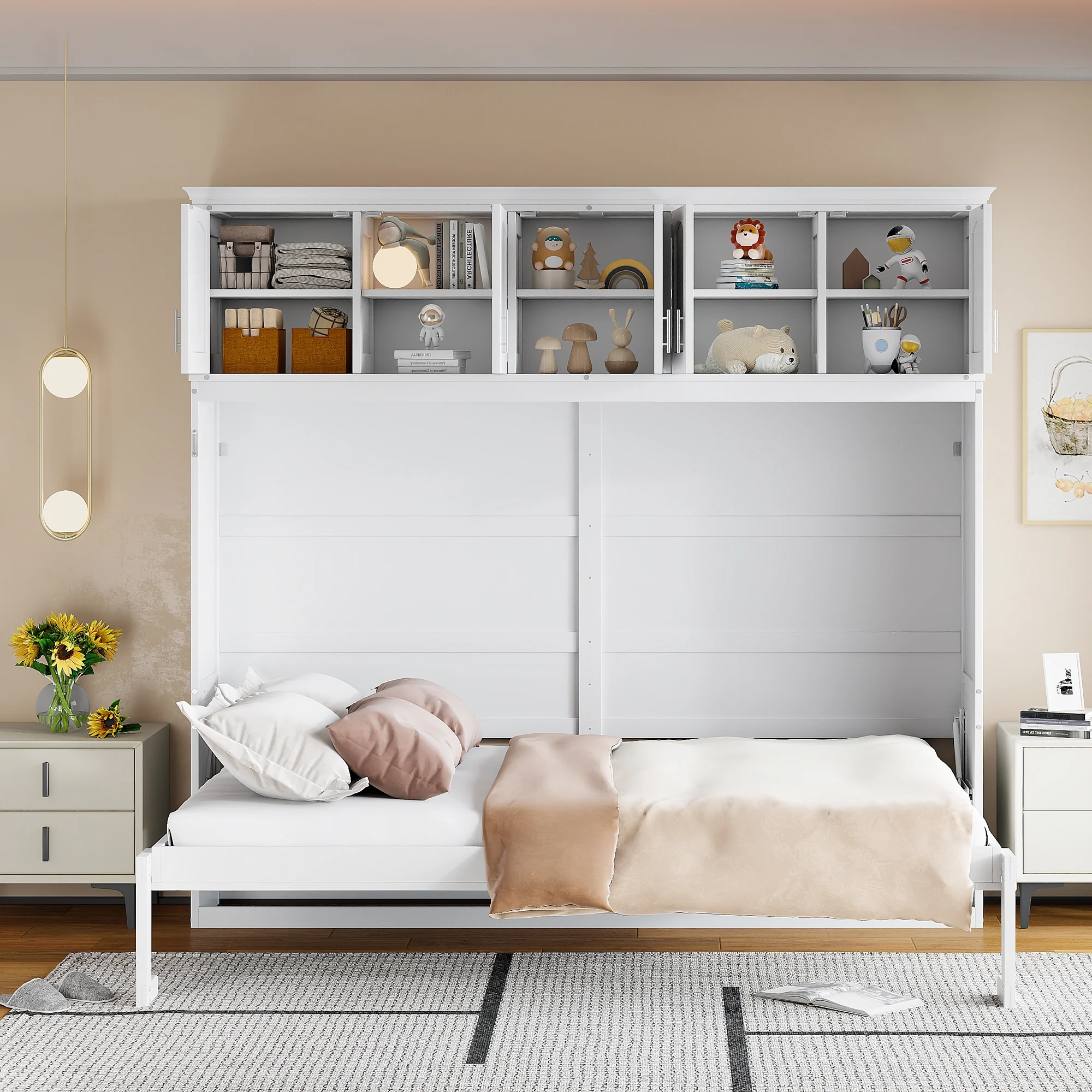 Newest Queen Size Murphy Bed Wall Bed with Top Cabinets,Gray - Image 9