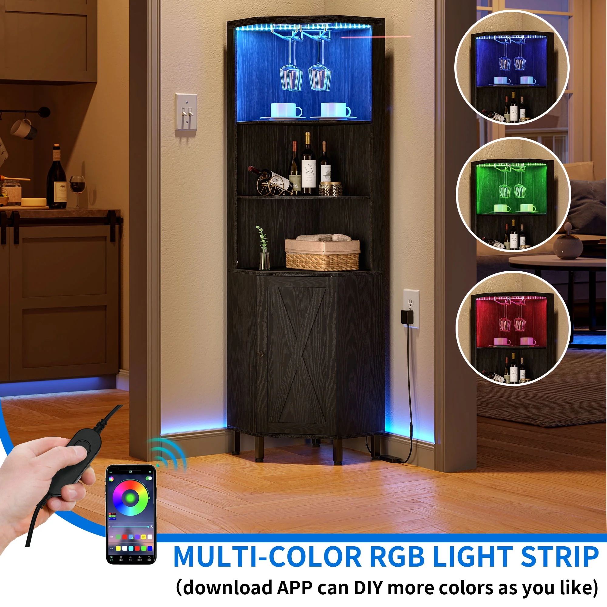 Dextrus 67" Corner Bar Cabinet with LED Lights, Wine Glass Holder & Storage Shelves, Black - Image 2
