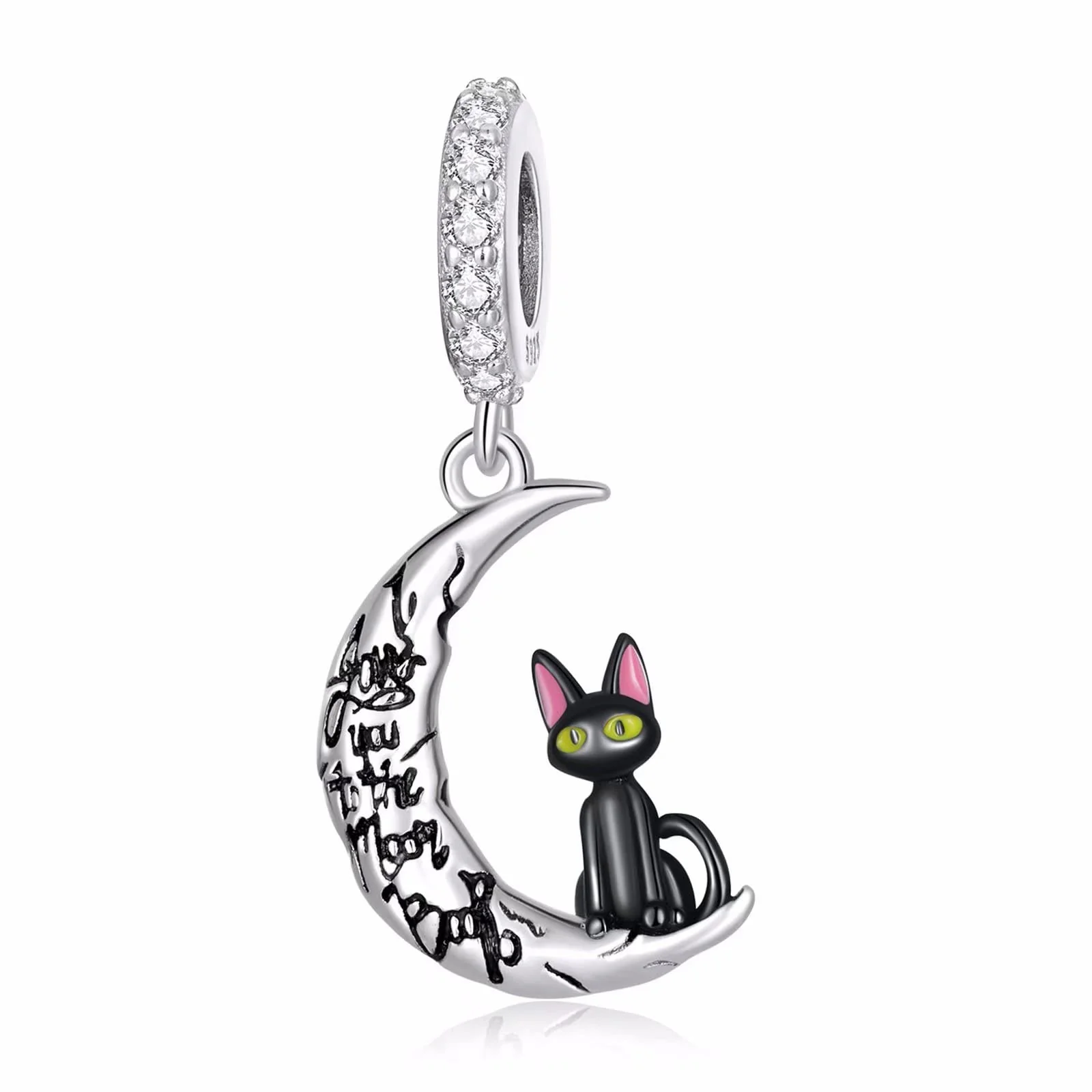 925 Sterling Silver Moon Cat Dangle Charm for Bracelets and Necklaces Crescent Moon and Cat Pendants Charm Animal Jewelry Gifts for Women Girls Cat Lover