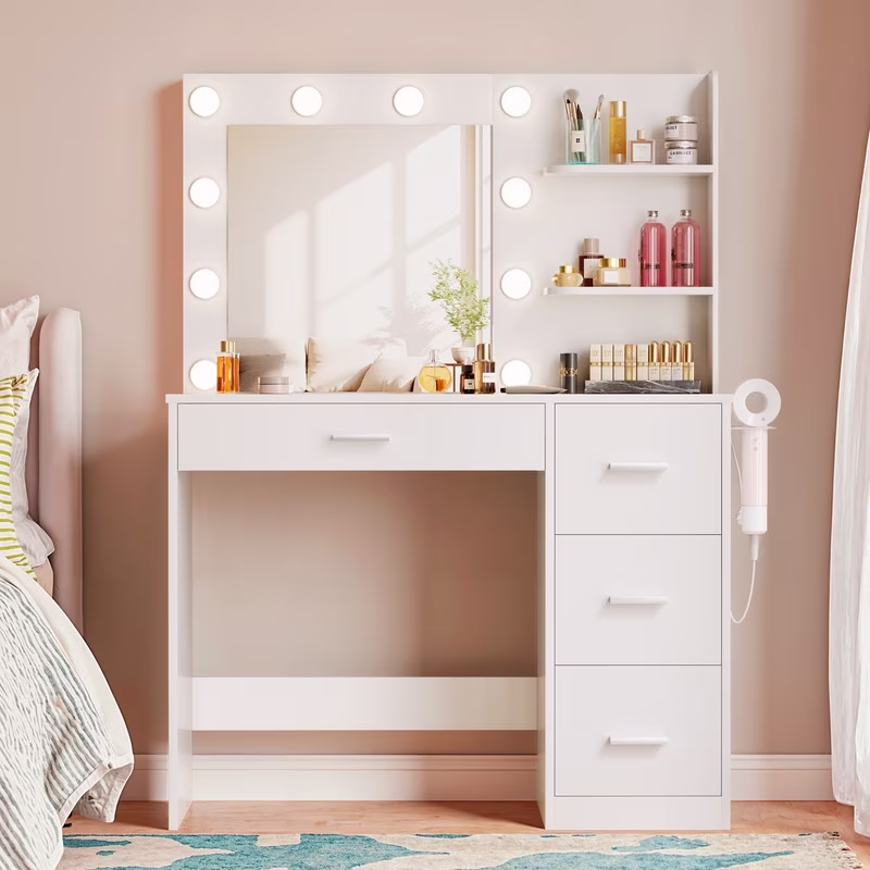 Lacoo Vanity Desk with Mirror and LED Lights, Makeup Vanity with 7 Drawers & 4 Shelves, Vanity Table with Power Outlet for Bedroom Dressing Room, White - Image 9