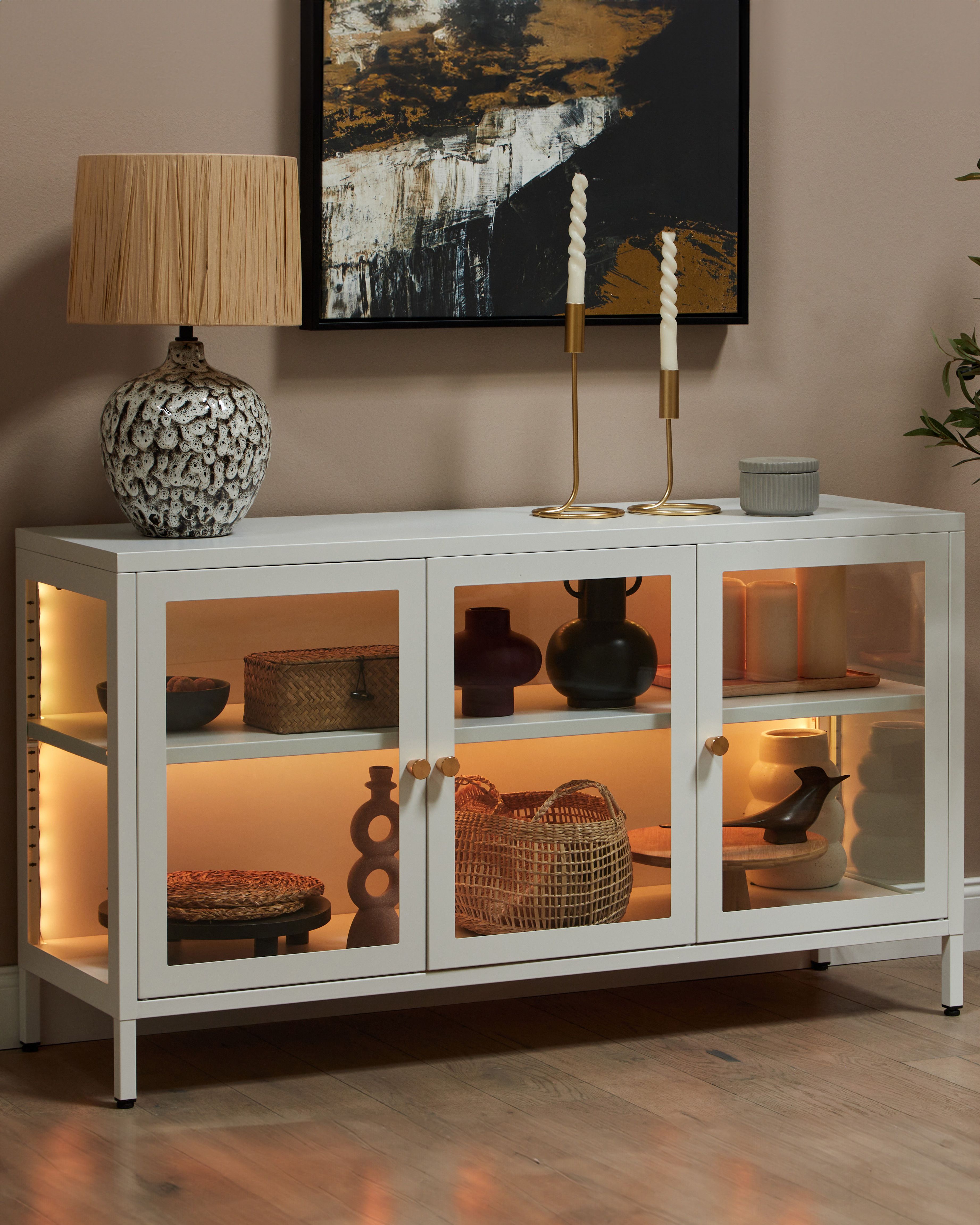 Glass Display Sideboard LED NEWPORT Metal 115 cm White