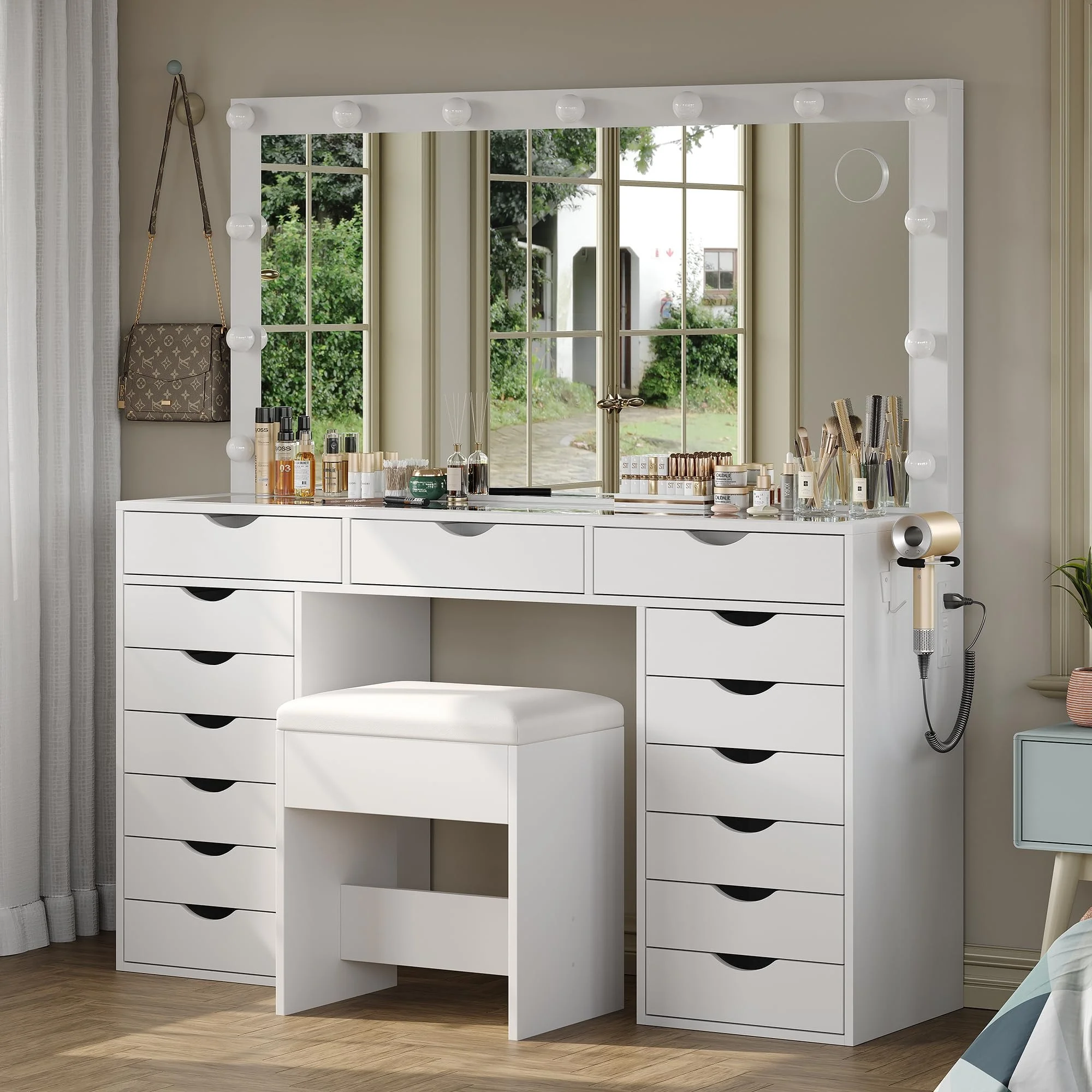 Yanosaku 15 Drawers Vanity Desk with Power Outlet, Makeup Table with Mirror and 13 LED Lights, 3 Color Lighting Modes, Brightness Adjustable, Glass Top Dressing Table, Vanity Set for Bedroom - Image 2