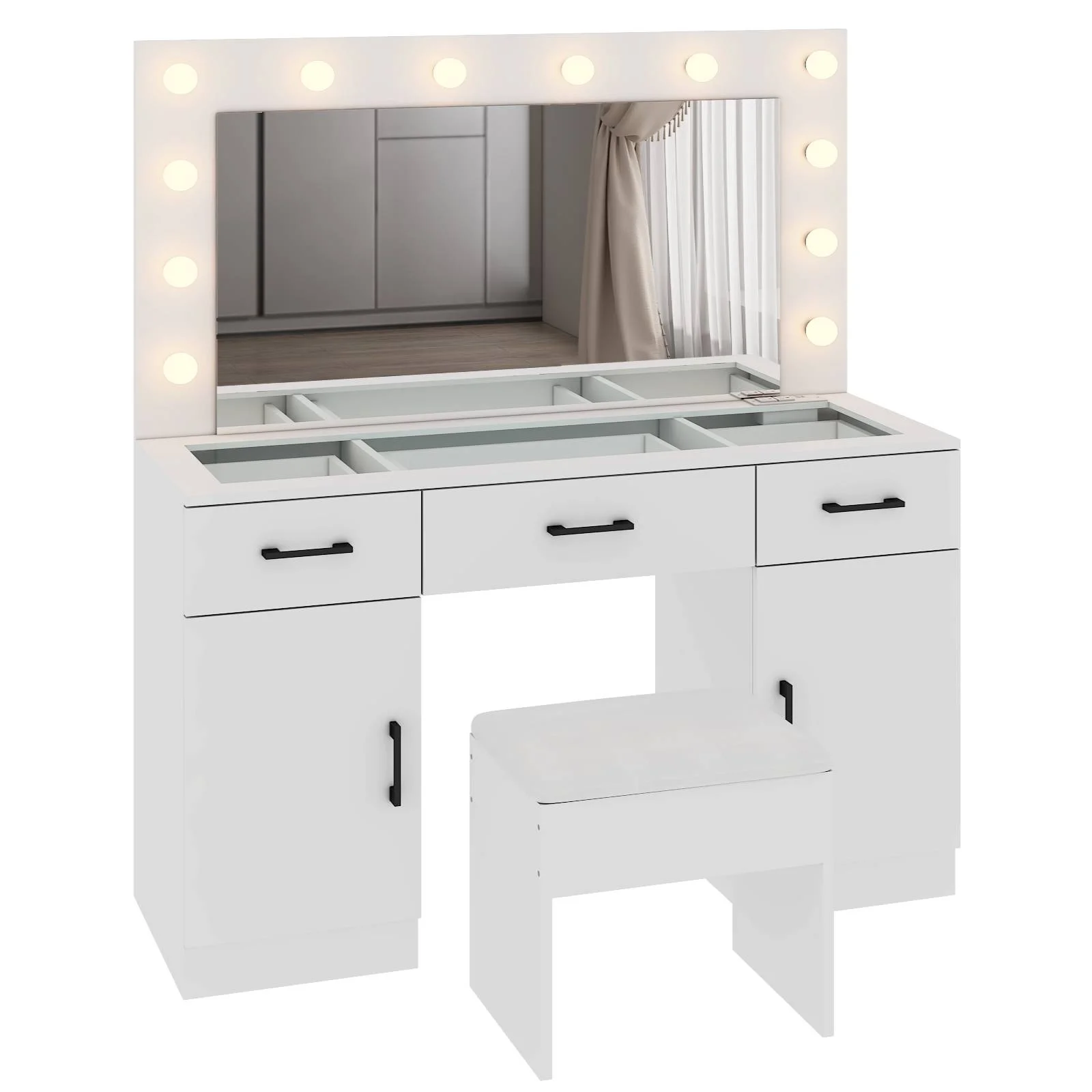 Ktaxon Large Makeup Vanity, Vanity Table Set w/ Visible Glass Top w/ Charging Station, White - Image 85
