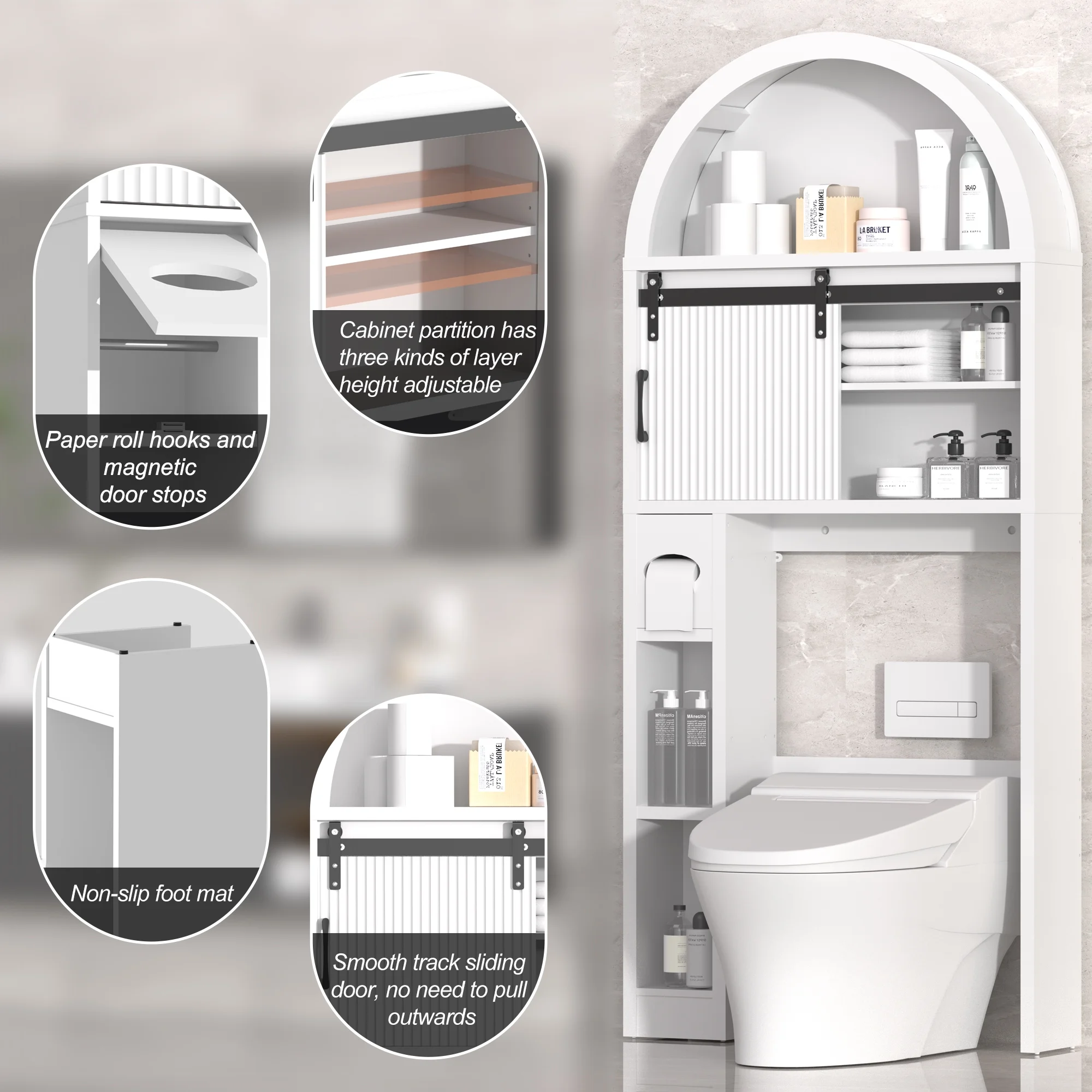 HARIPUL Over The Toilet Storage Cabinet w/ Unique Wood Grain & Arc Design, Freestanding Bathroom Shelf Organizer Space Saver w/ Doors & Anti-Tip Device, Wood Color - Image 21