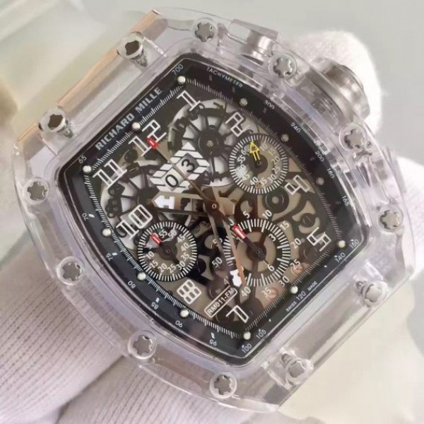 Replica Richard Mille RM011 Transparent Case White Bezel Skeleton Dial White Rubber Strap A7750 - Top club