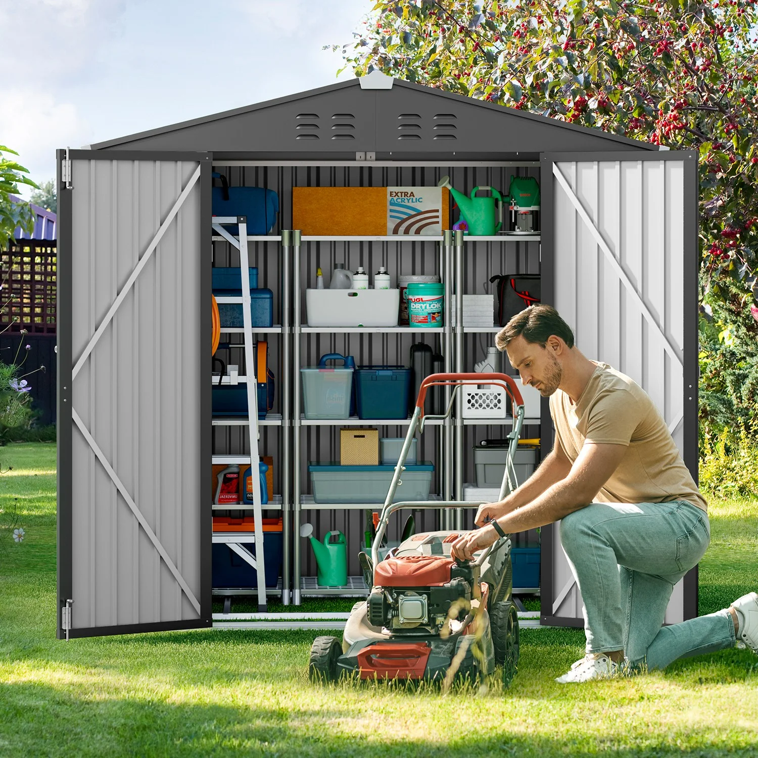 5'x3' Outdoor Storage Shed, Lofka Metal Storage Tool Shed with Single Lockable Door, for Bike| Garden Tools| Patio, Grey - Image 31