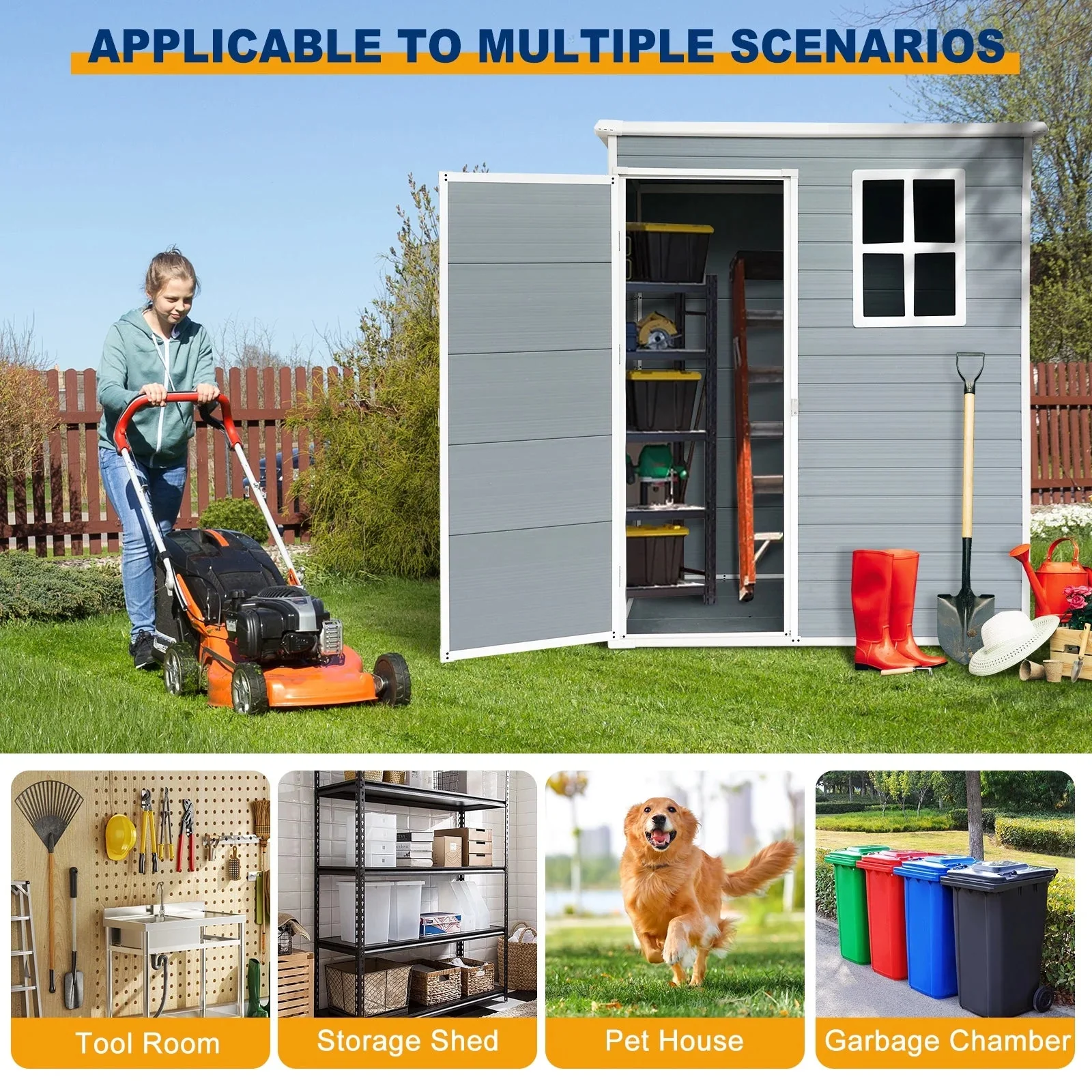 Seizeen Outdoor Resin Storage Shed, 41 Cu. Ft. / 306 Gal, Gray, 3 Doors With Floor - Image 25 Seizeen Outdoor Resin Storage Shed, 41 Cu. Ft. / 306 Gal, Gray, 3 Doors With Floor - Image 25