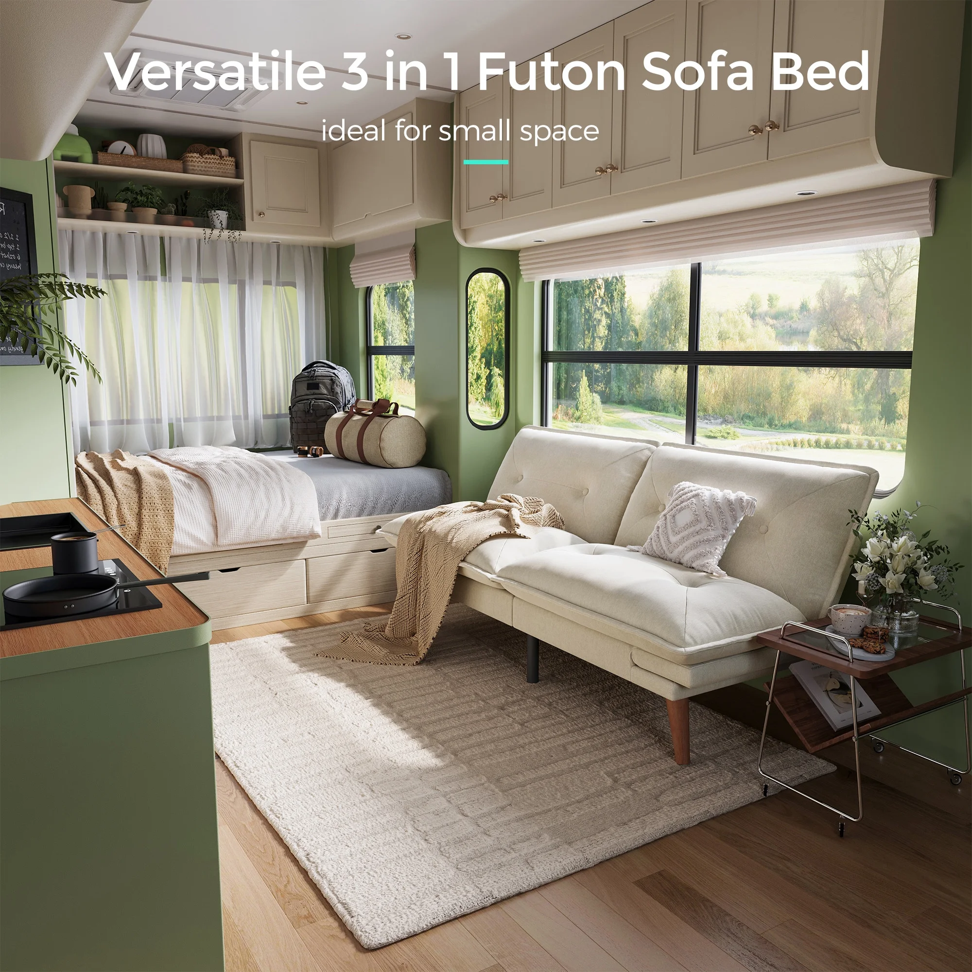 Linsy Home 70" W Chenille Convertible Futon Sofa Bed with Adjustable Armrests, Green - Image 22