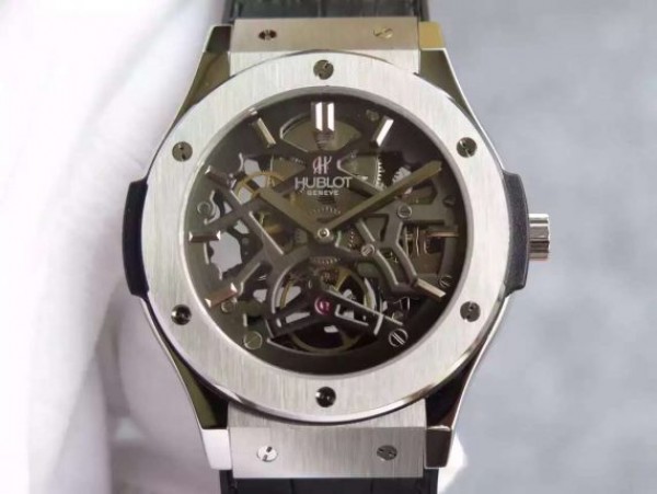 Replica Hublot Classic Fusion Tourbillon 45mm TF Skeleton Dial Black Gummy Strap A23J - Elite Watch Atelier
