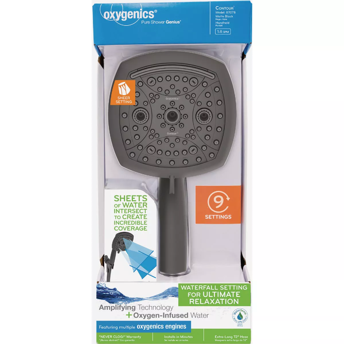 Oxygenics Contour 9-Spray 1.8 GPM Handheld Showerhead, Matte Black