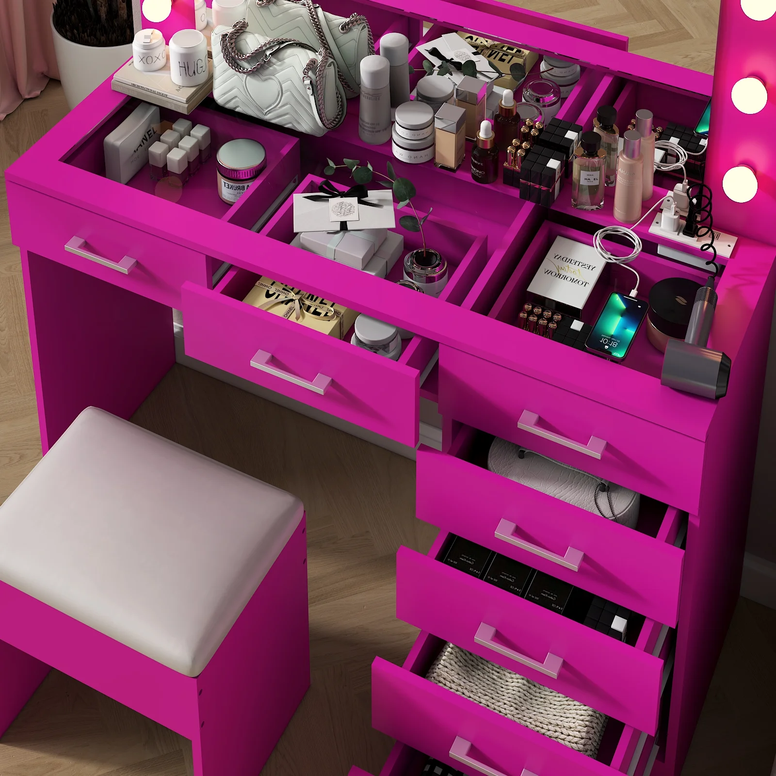Ktaxon Large Makeup Vanity, Vanity Table Set w/ Visible Glass Top w/ Charging Station, White - Image 72