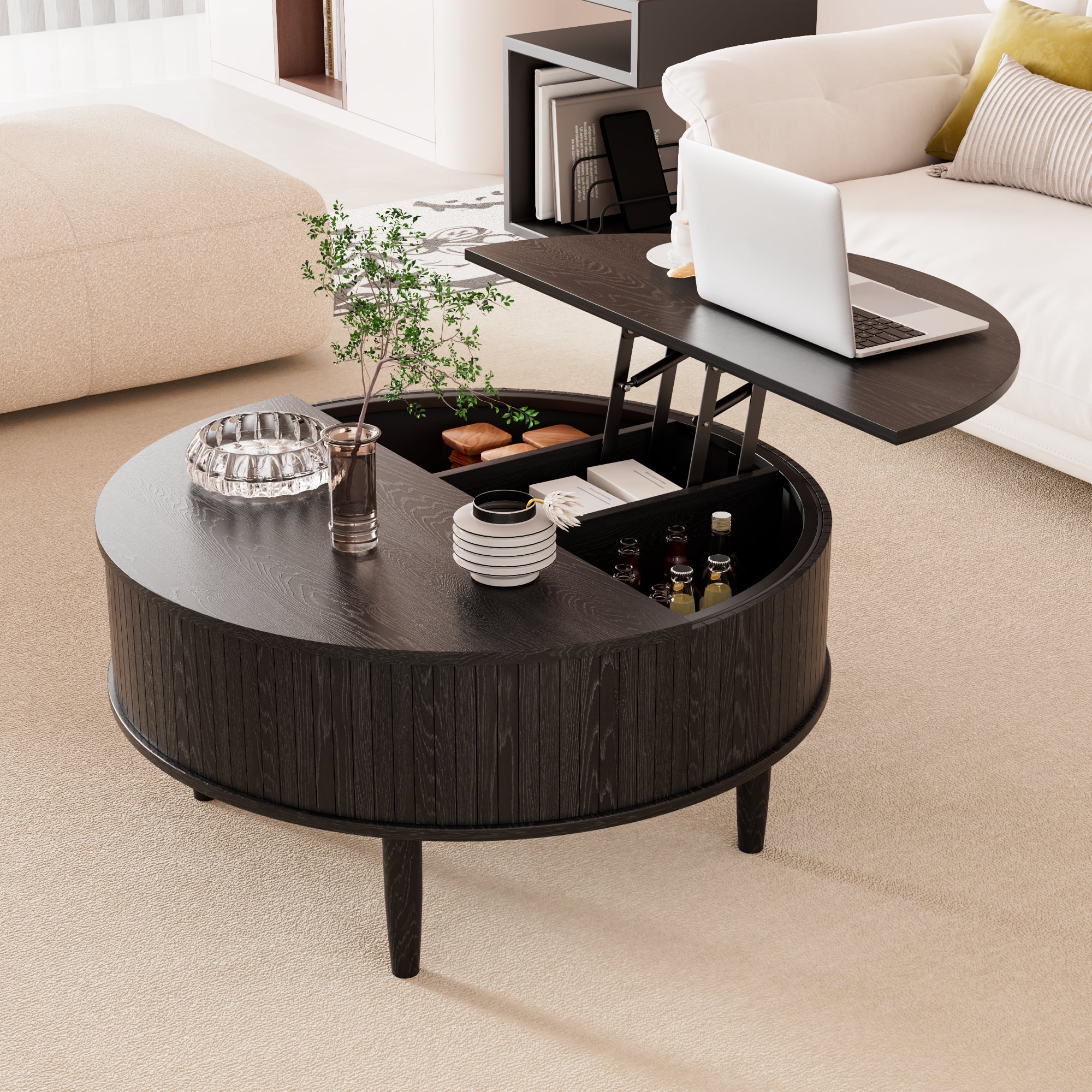 Oubayajia Round Coffee Table, Small Fluted Lift Top Center Table for Home Living Room Office, Walnut - Image 14
