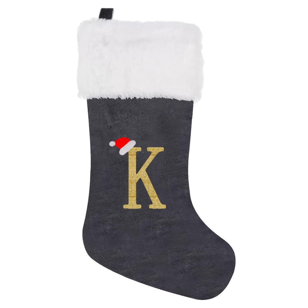 Gepersonaliseerde Fluwelen Kerstsok met Monogram – Modern Grijs Ontwerp